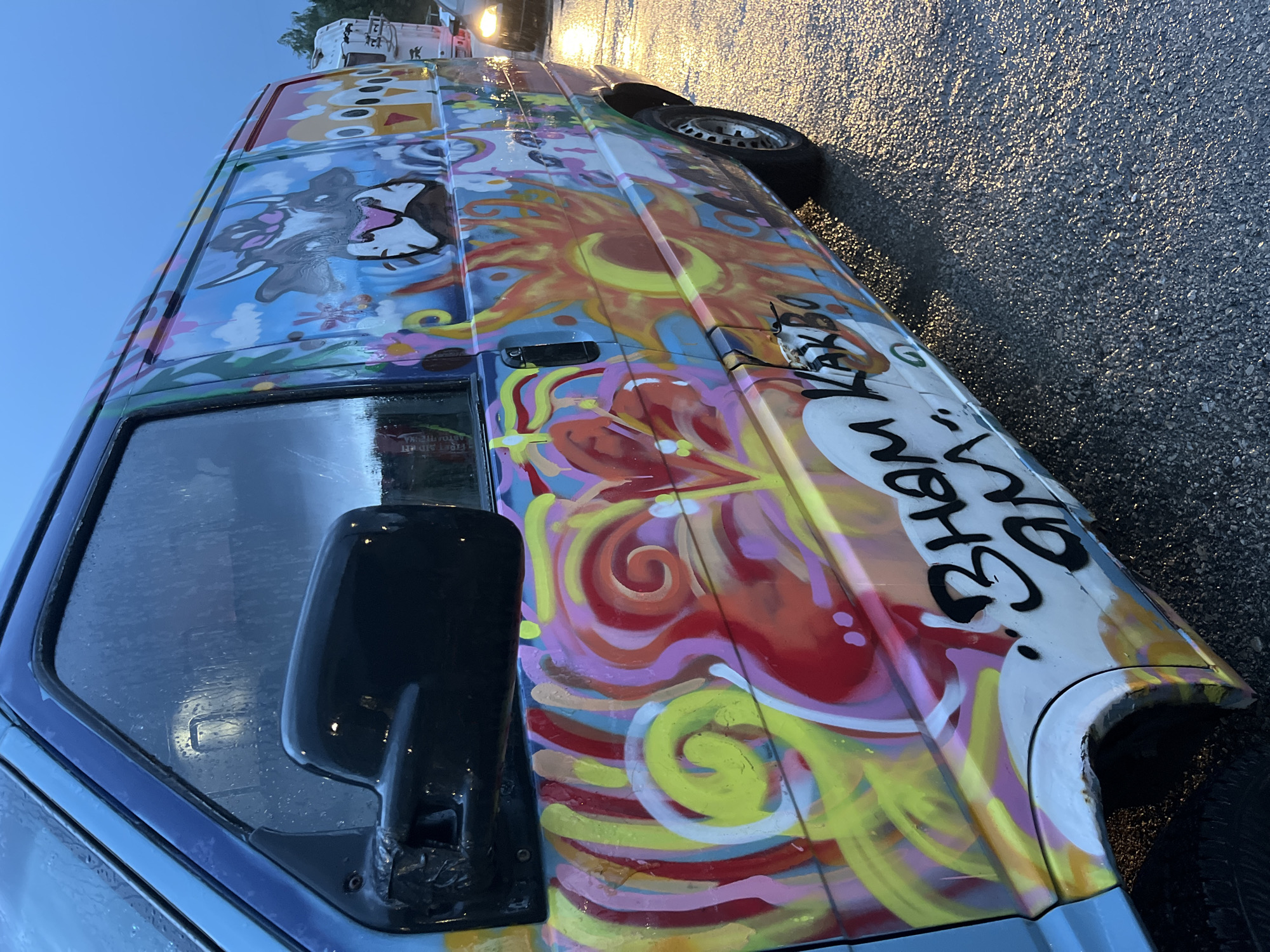 Psychedelic art van spotted on wet street in Gabrovo