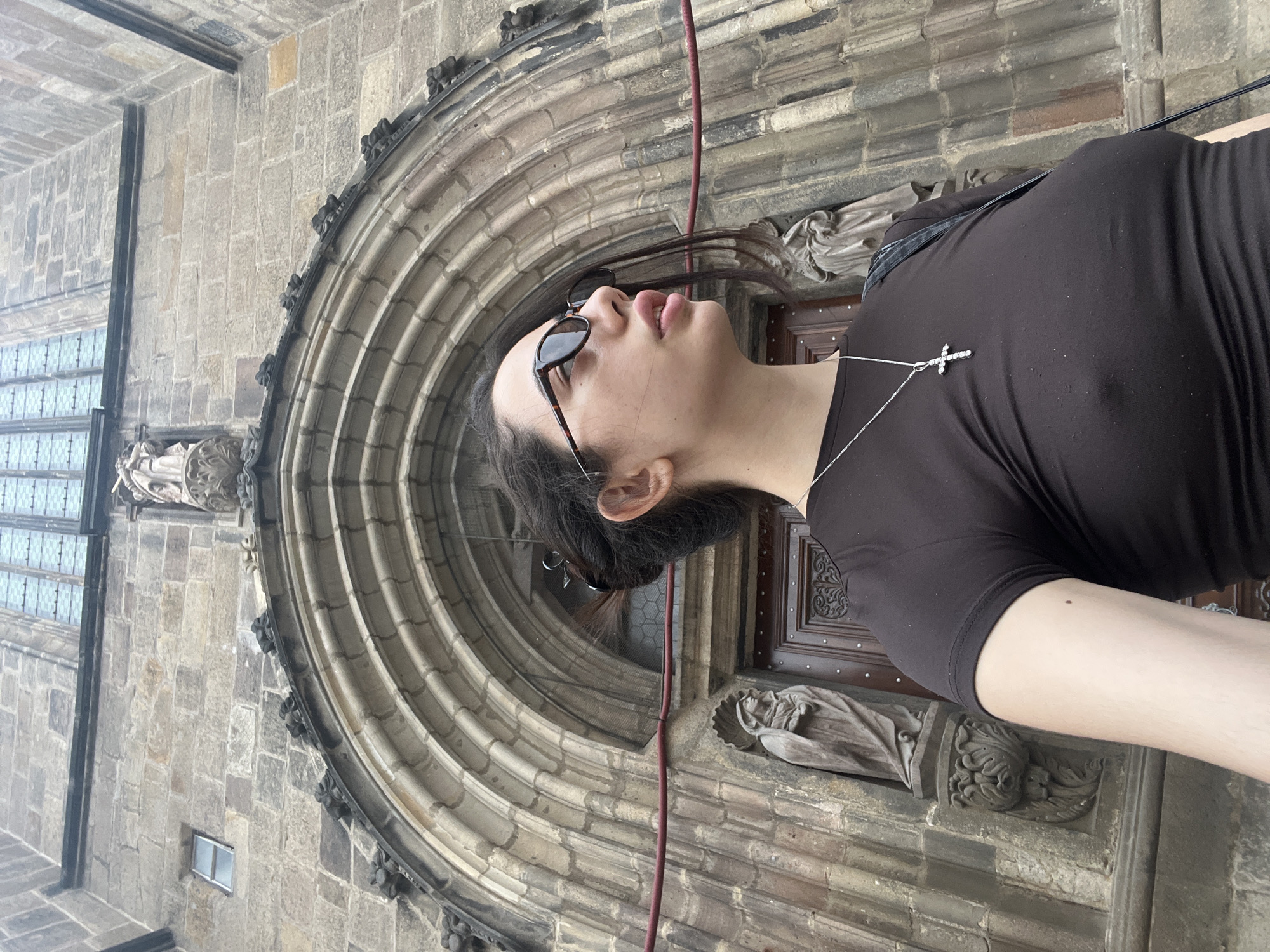 Posing outside St. Bartholomew's Cathedral mid-renovation, Pilsen