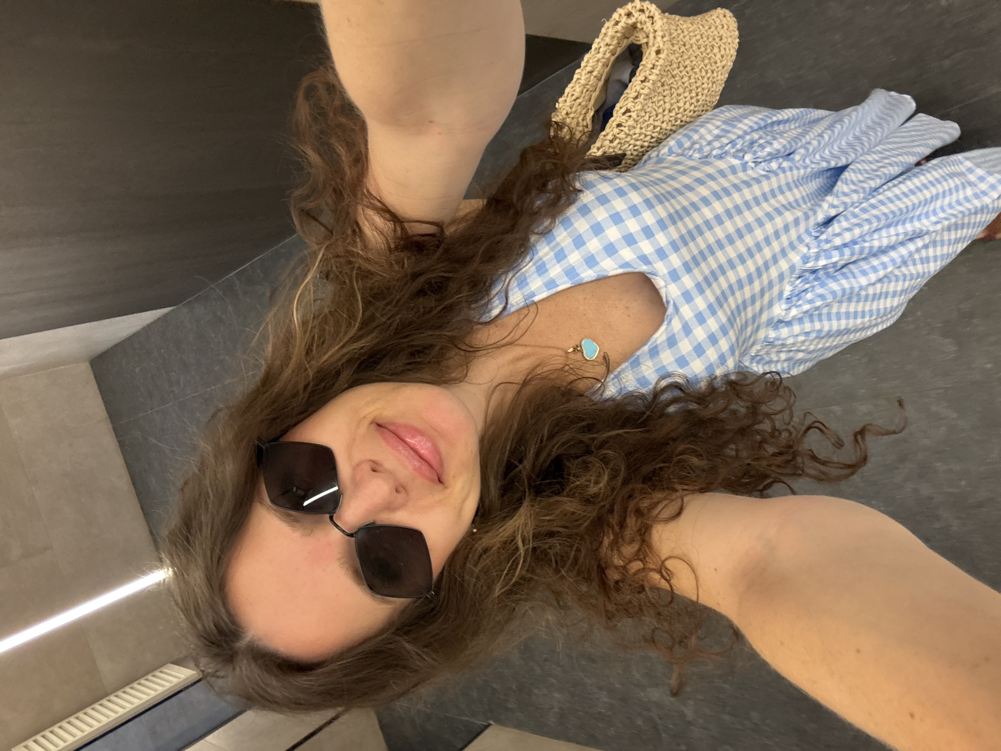 Selfie in Dolgoprudny, gingham dress and hexagonal shades