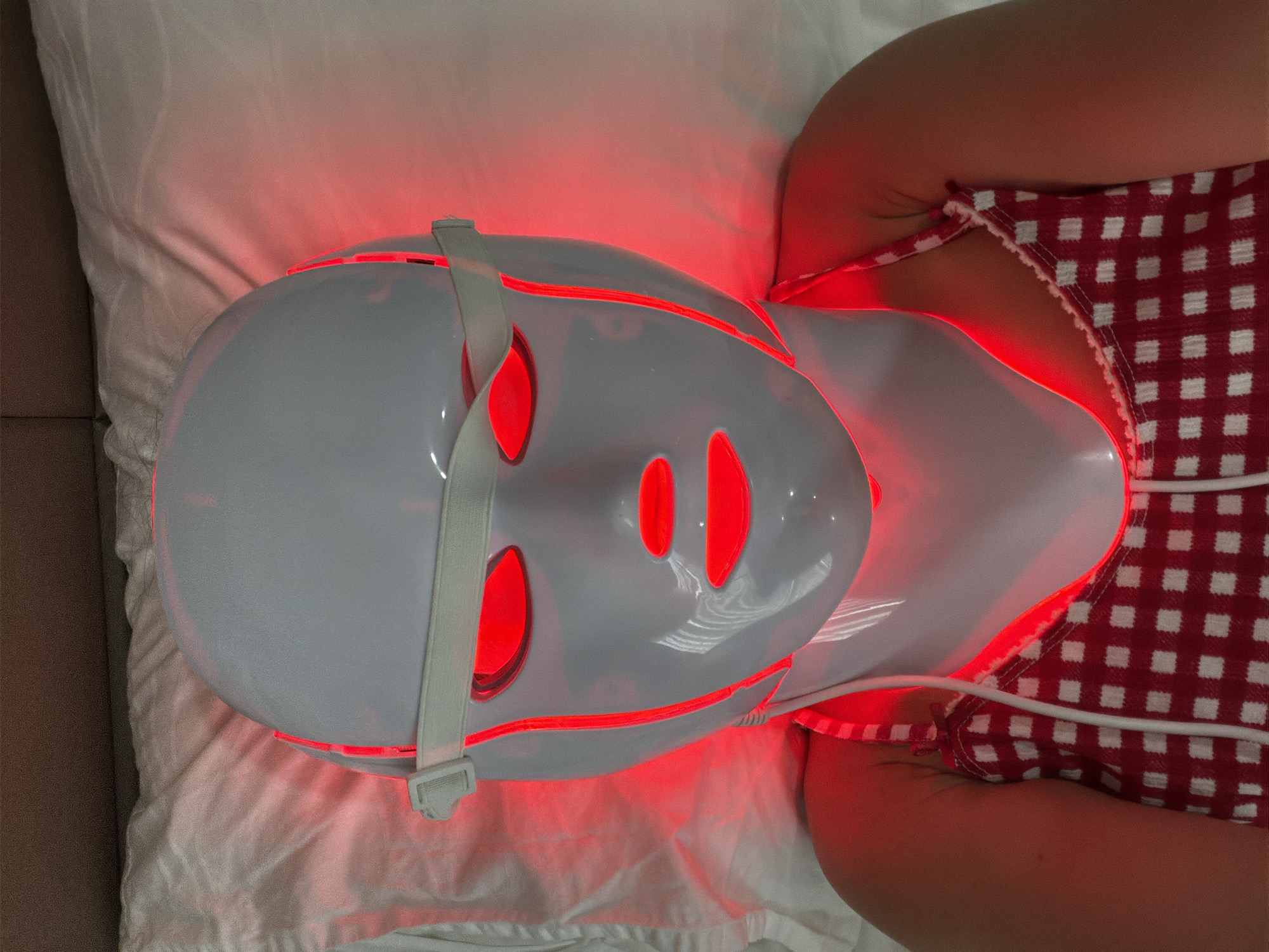 LED face mask skincare content from a Nha Trang hotel room