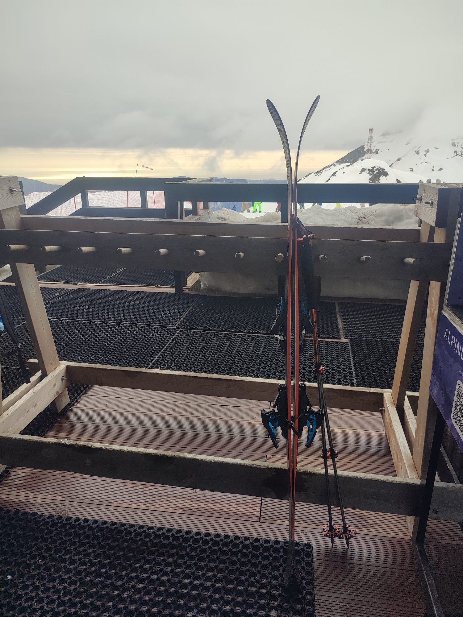 Ski equipment rests at mountain resort in Estosadok