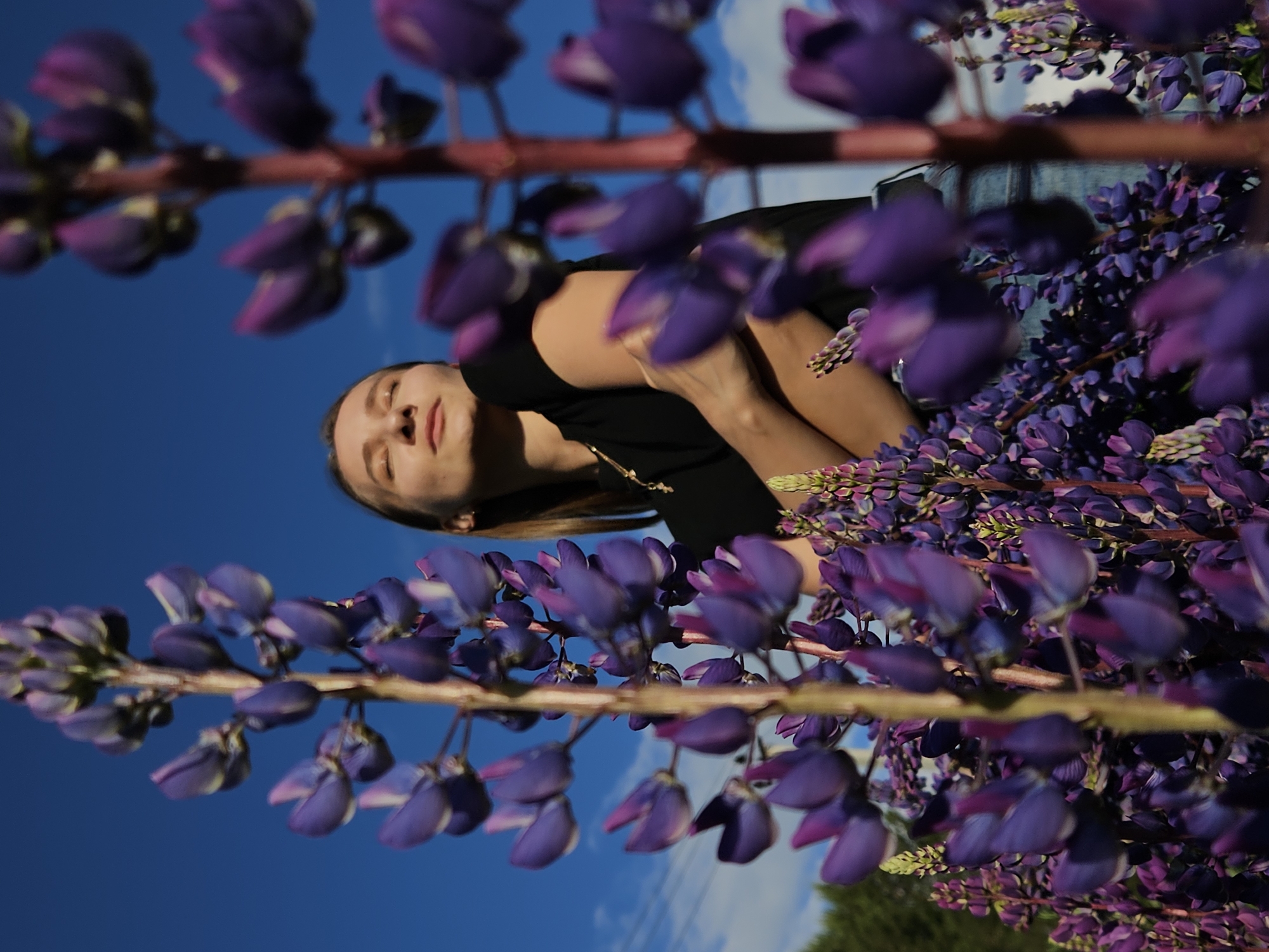 Woman poses in lupine flower field near Russian Orthodox church