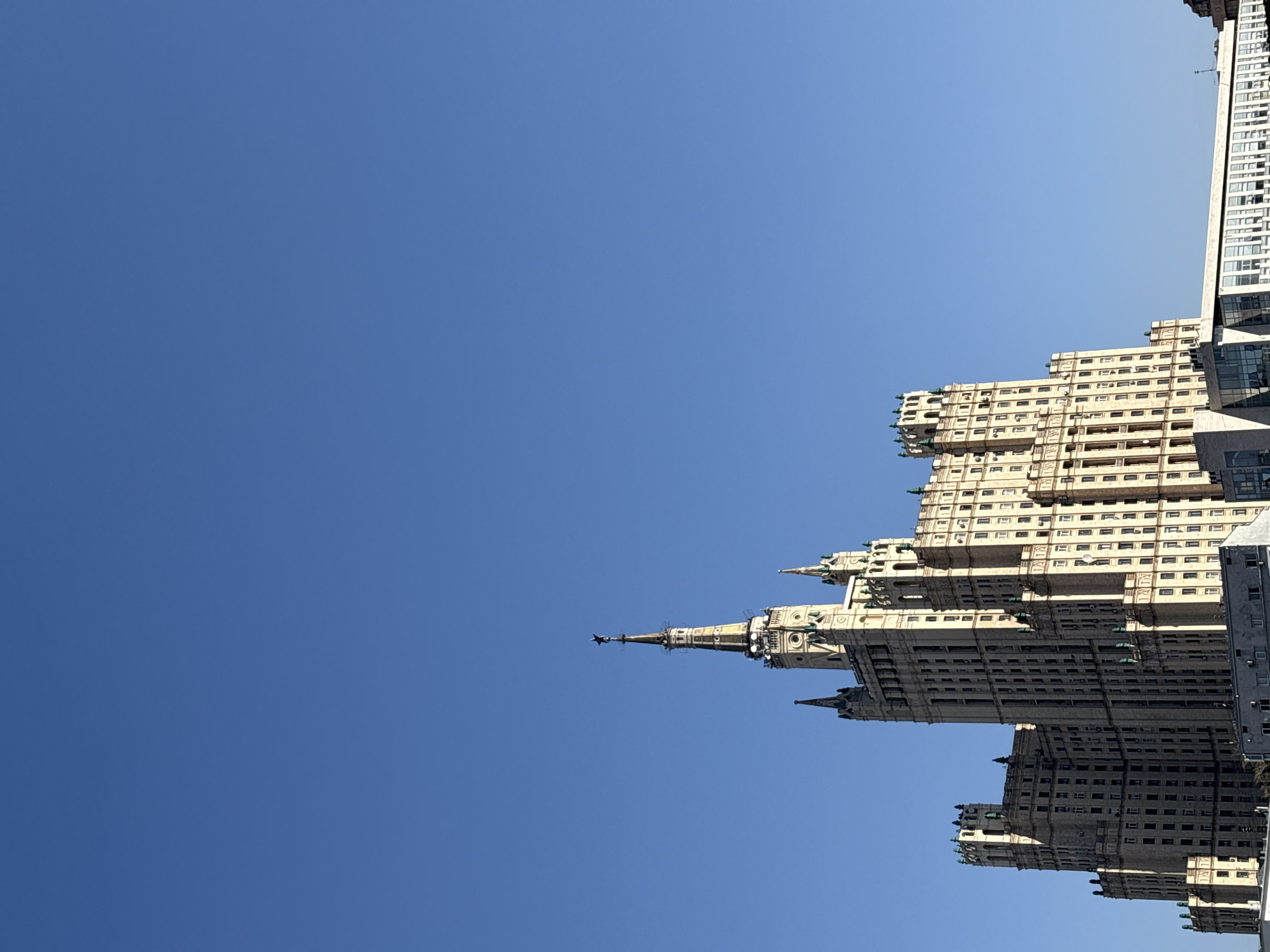 Stalinist skyscraper photographed against clear Moscow sky