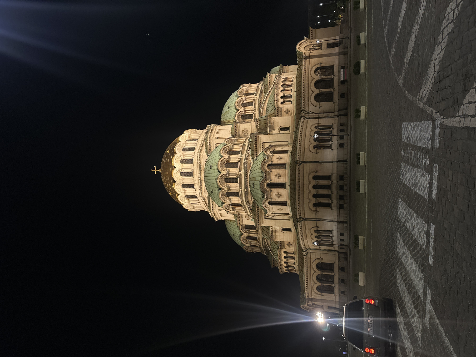 Cathedral illuminated against night sky in Sofia, Bulgaria