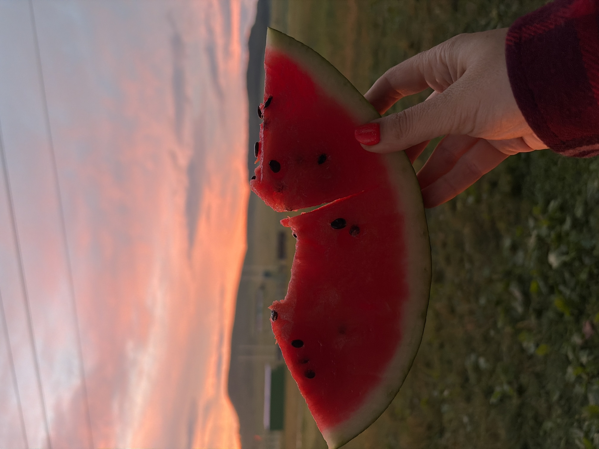 Campfire and watermelon at dusk in rural Bashkortostan
