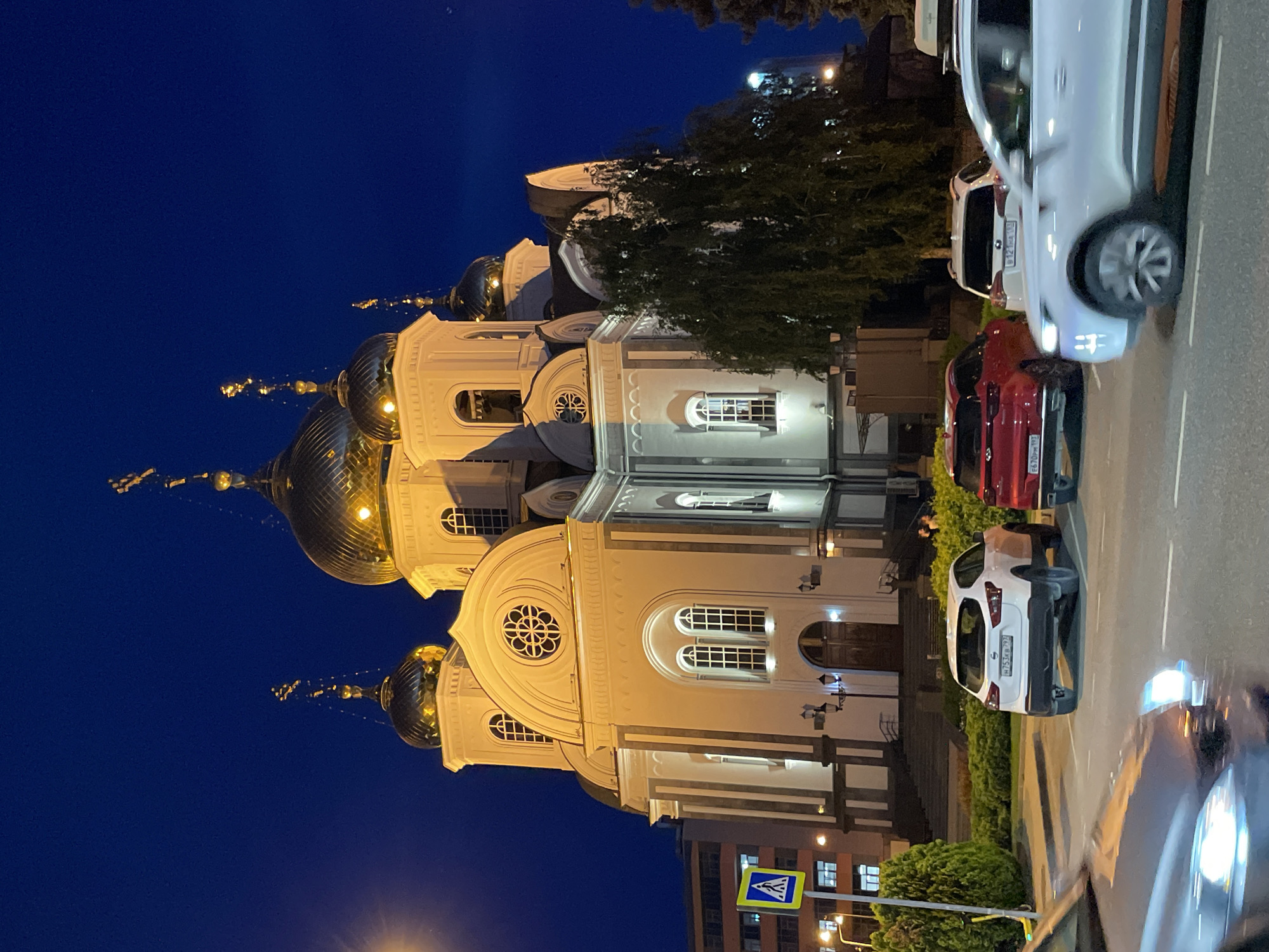 Evening photography session captures illuminated landmarks in Krasnodar, Russia