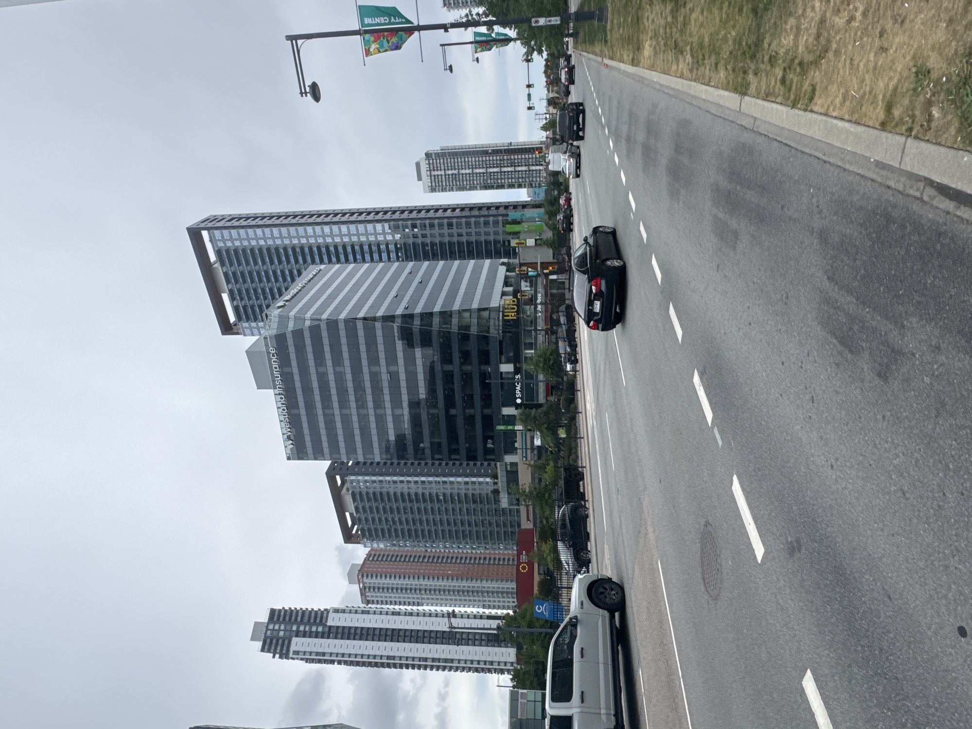 Street-level look at Surrey's urban core on a grey afternoon