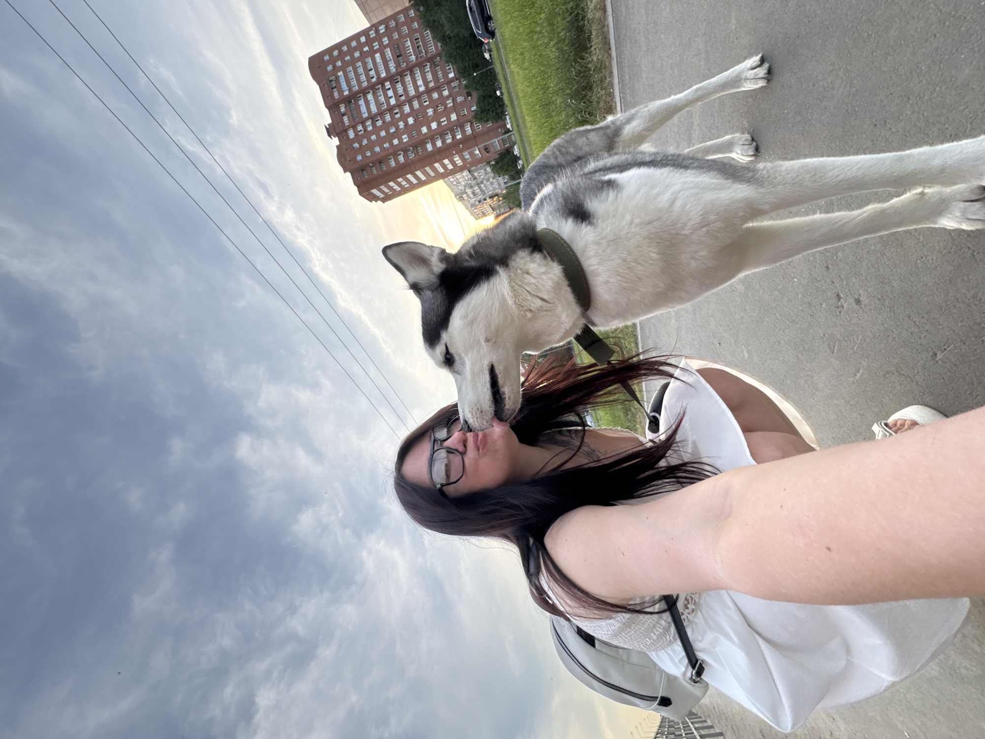Woman walks playful Husky through city, takes selfies together
