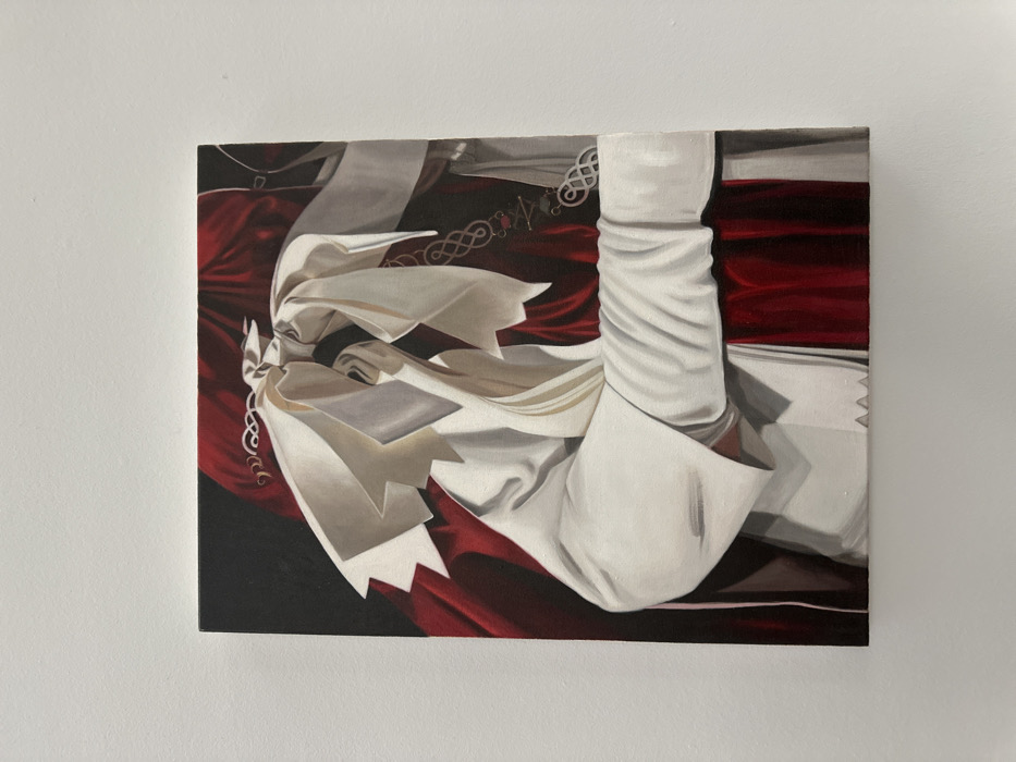 Oil painting of figure observed on white wall in London