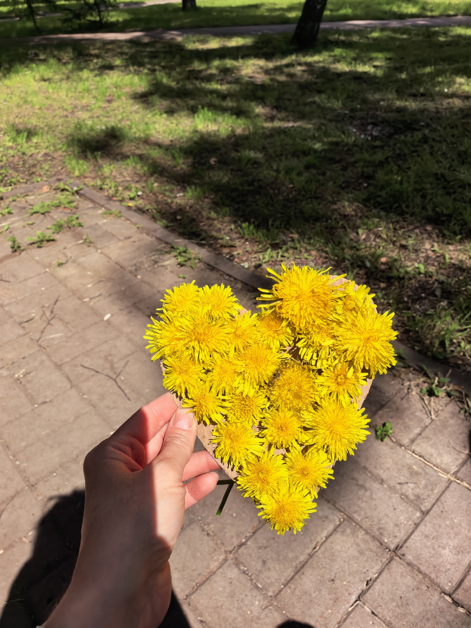 Family creates dandelion heart bouquets during morning park visit