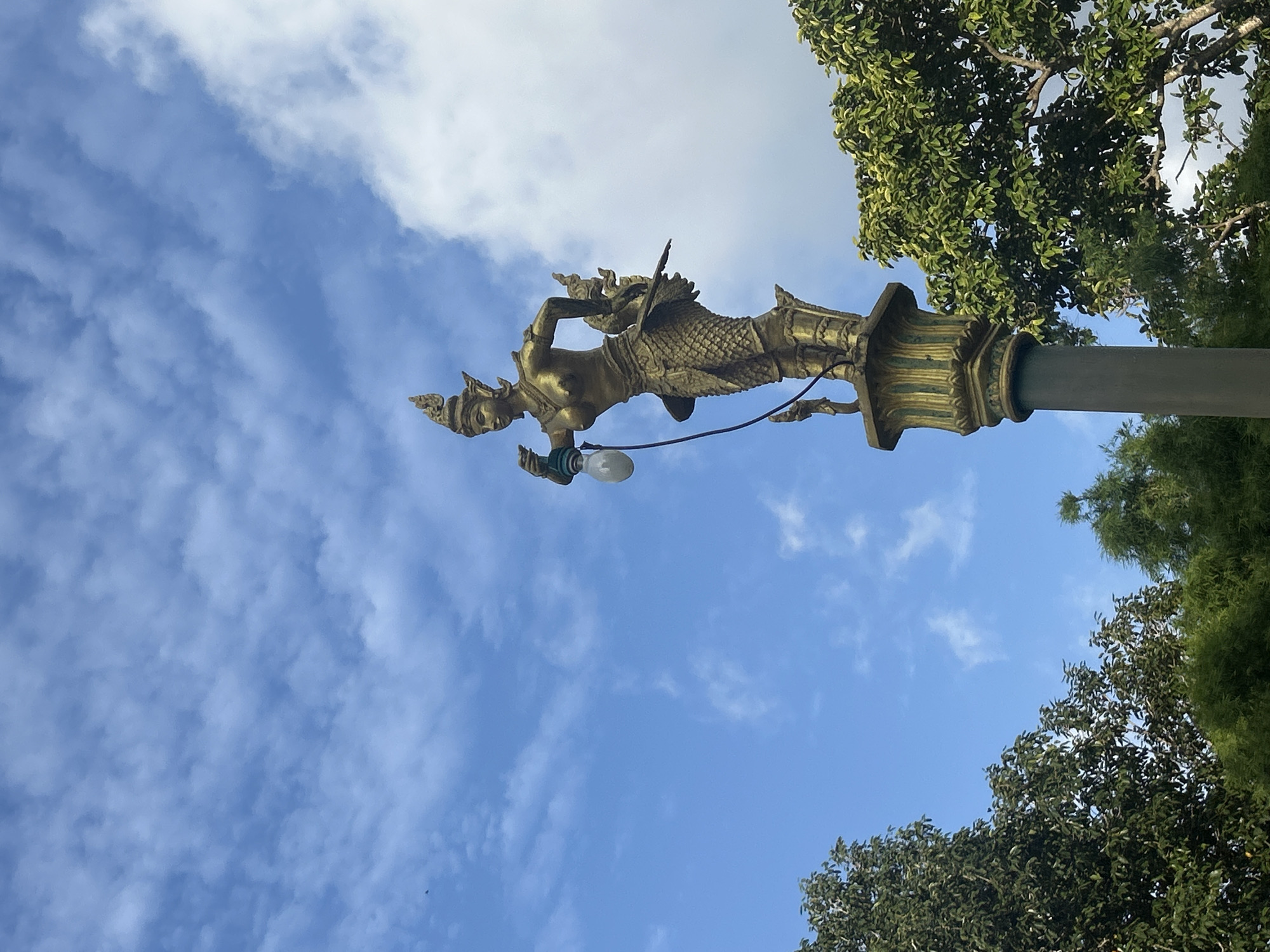 Temple grounds in Choeng Thale with cats, a monk, and ornate details