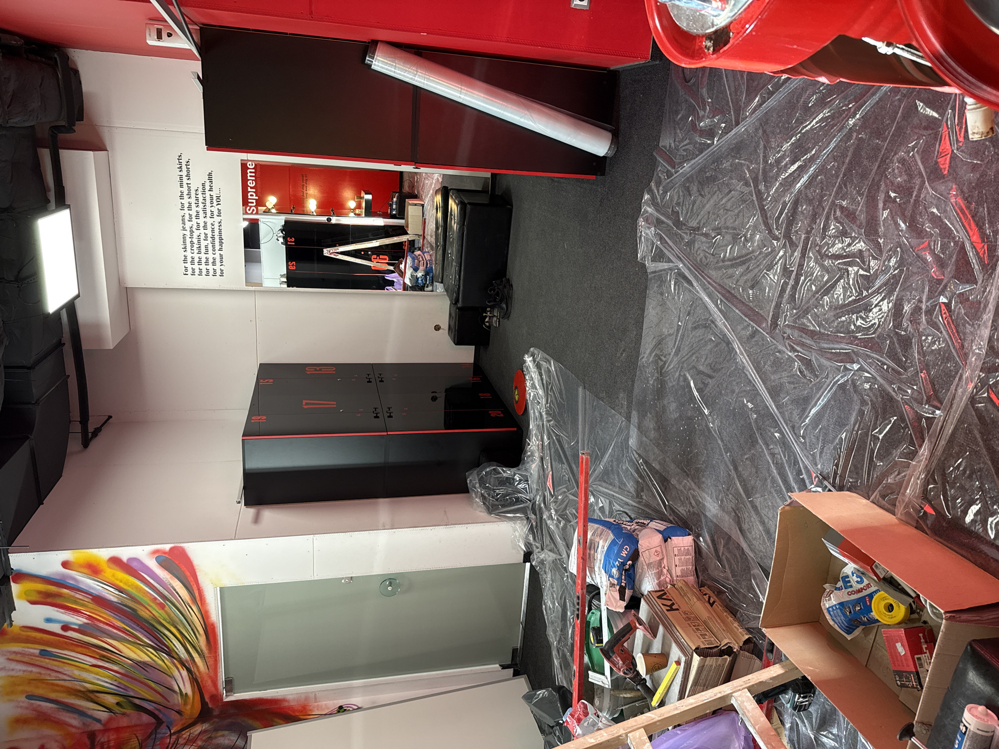 Interior renovation featuring colorful abstract mural spotted in Sofia
