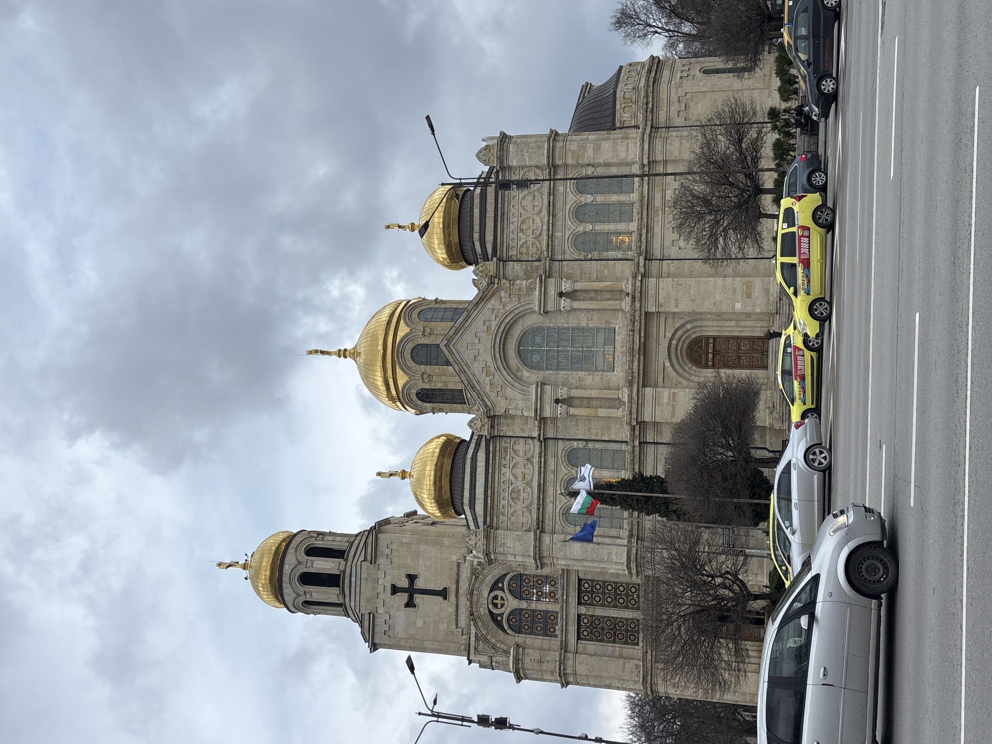 Morning glimpses of cathedral, cat, and cafe in Varna