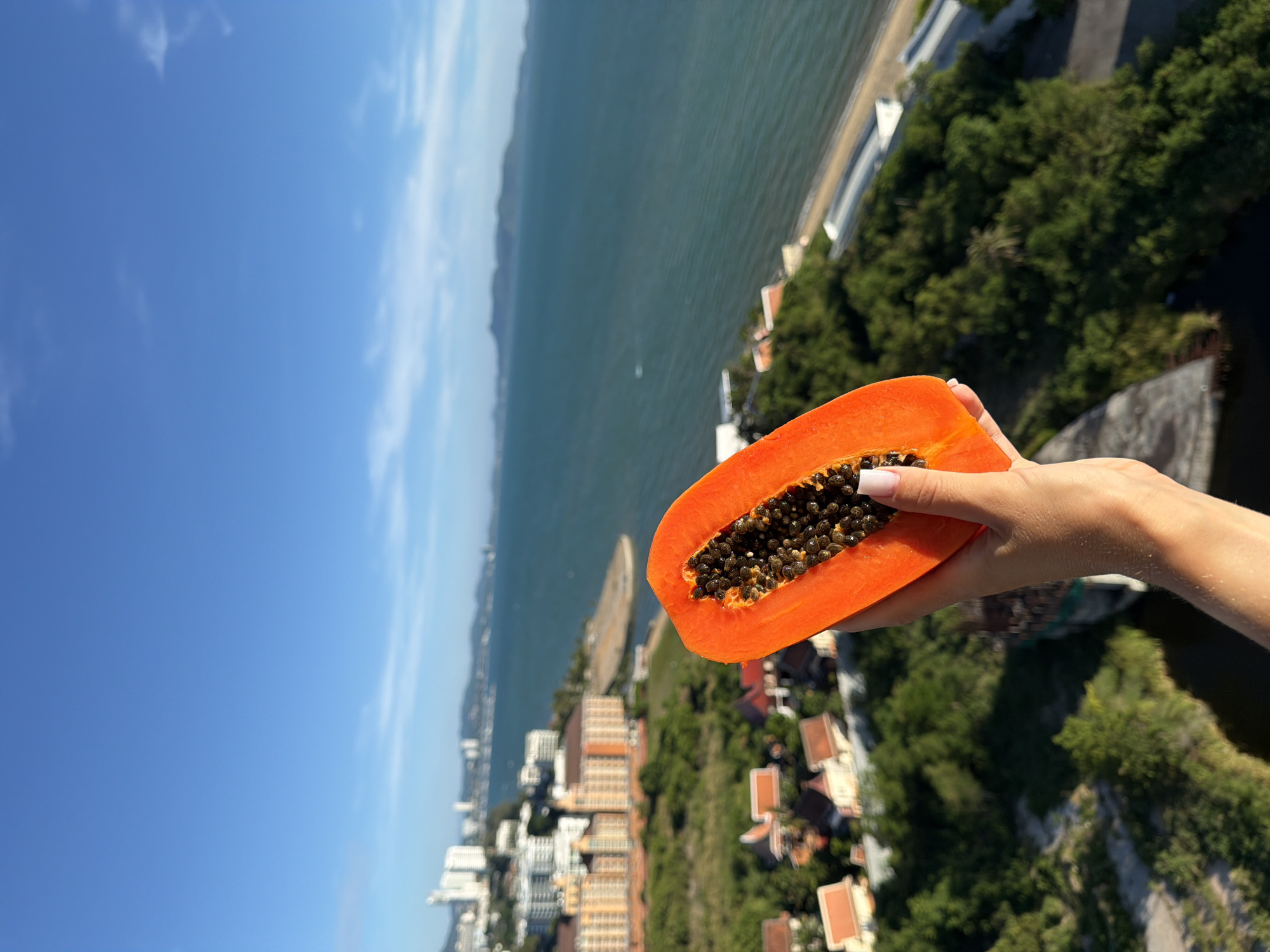 Person prepares fresh papaya fruit in Pattaya kitchen