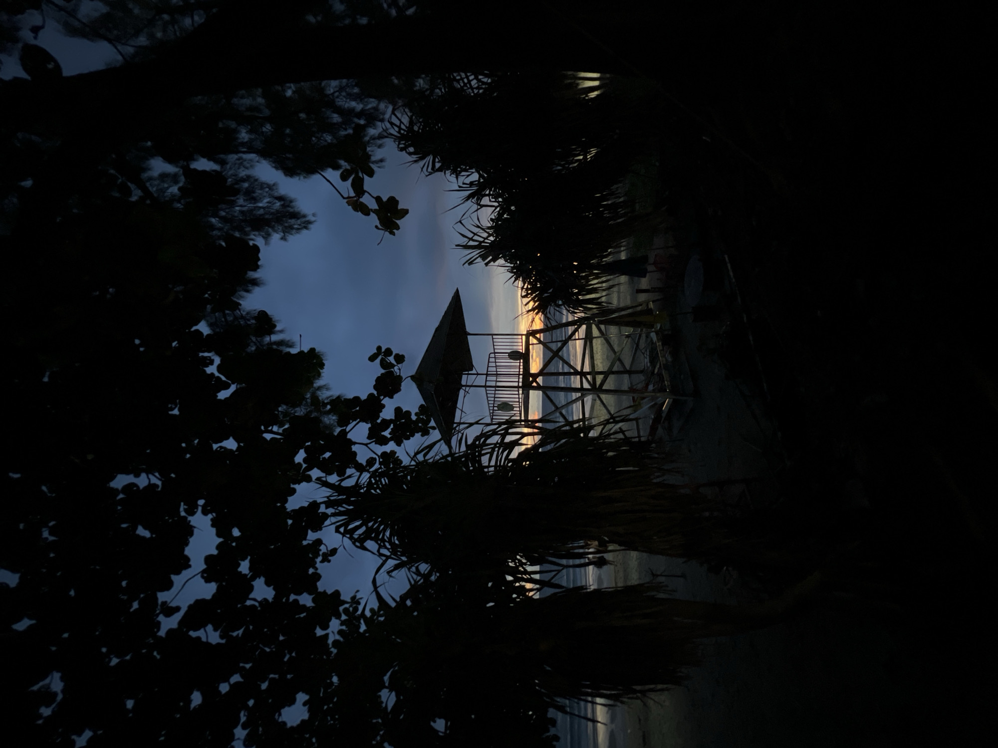 Lifeguard towers and palm silhouettes at beach twilight