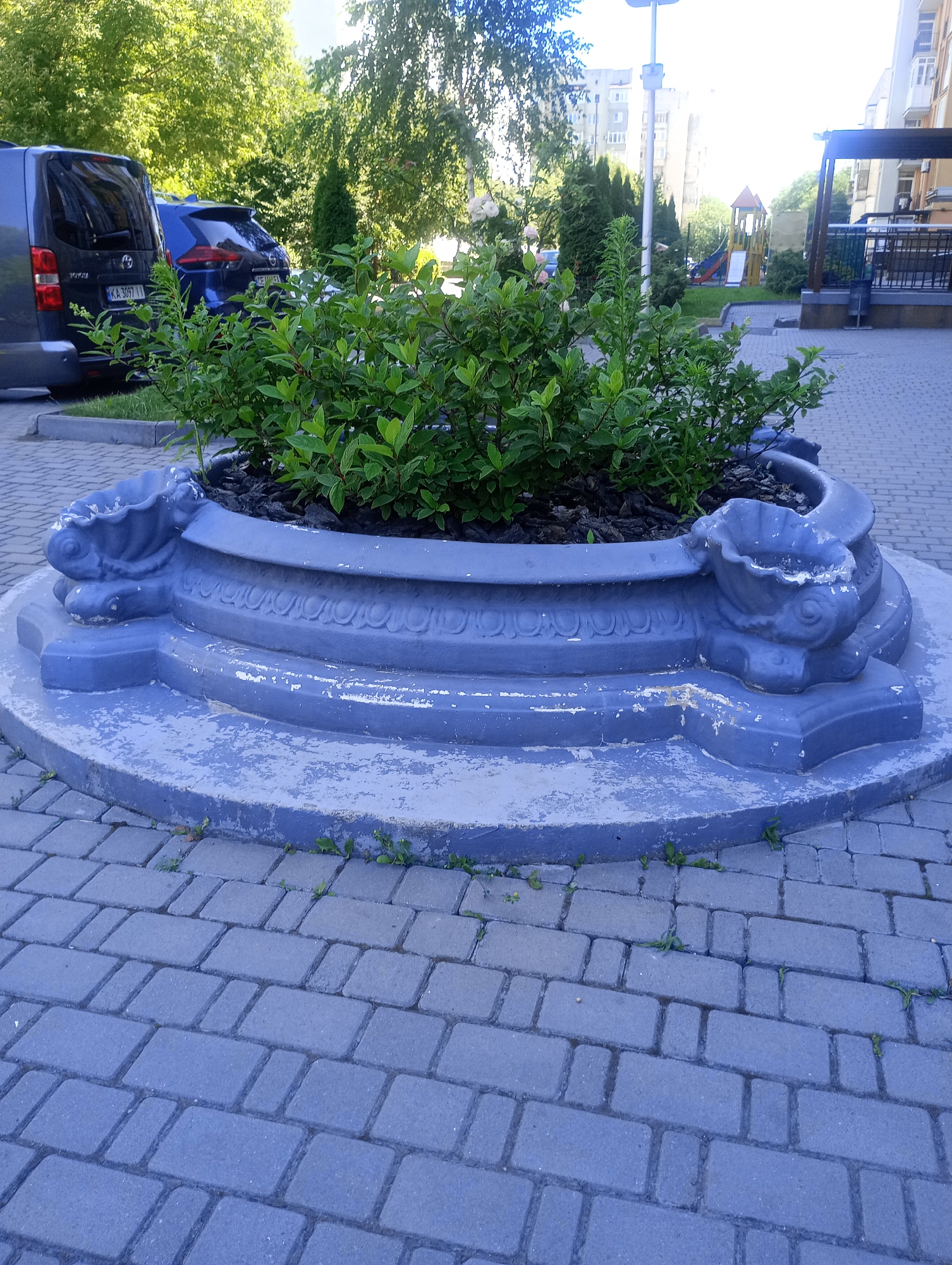 Stroll through a tidy urban park with plantings and playground