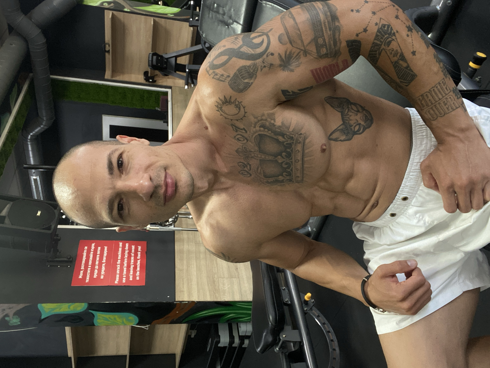 Tattooed gym figure, two looks, Pleven Bulgaria