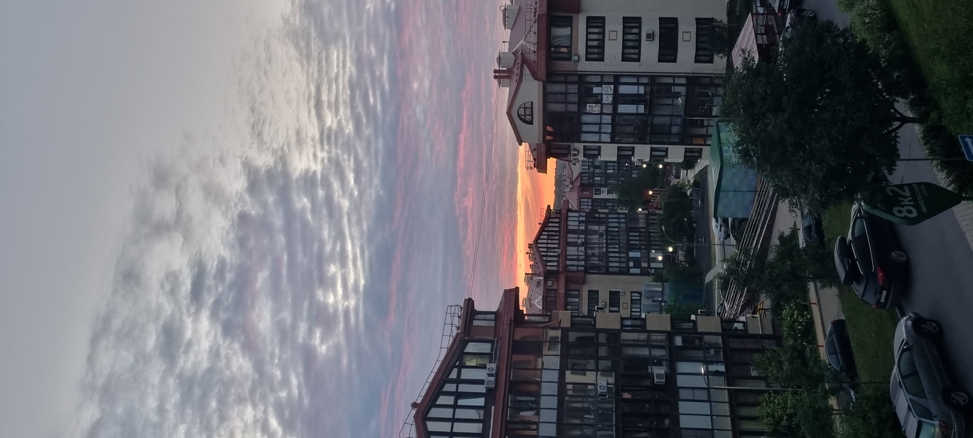 Vivid sunset over Romashkovo apartment blocks, multiple angles