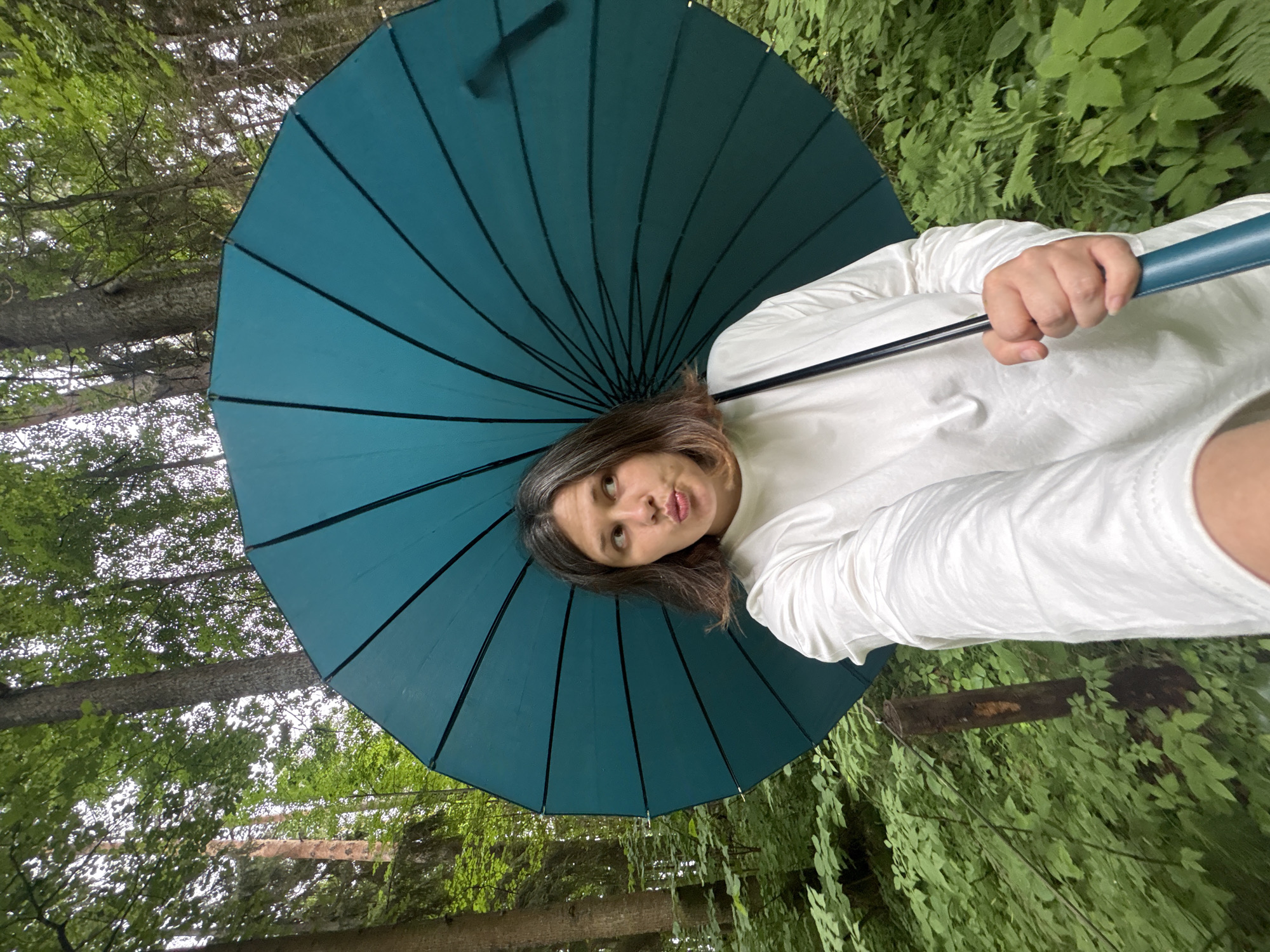 Rainy forest walk in Kostovaty, teal umbrella in tow
