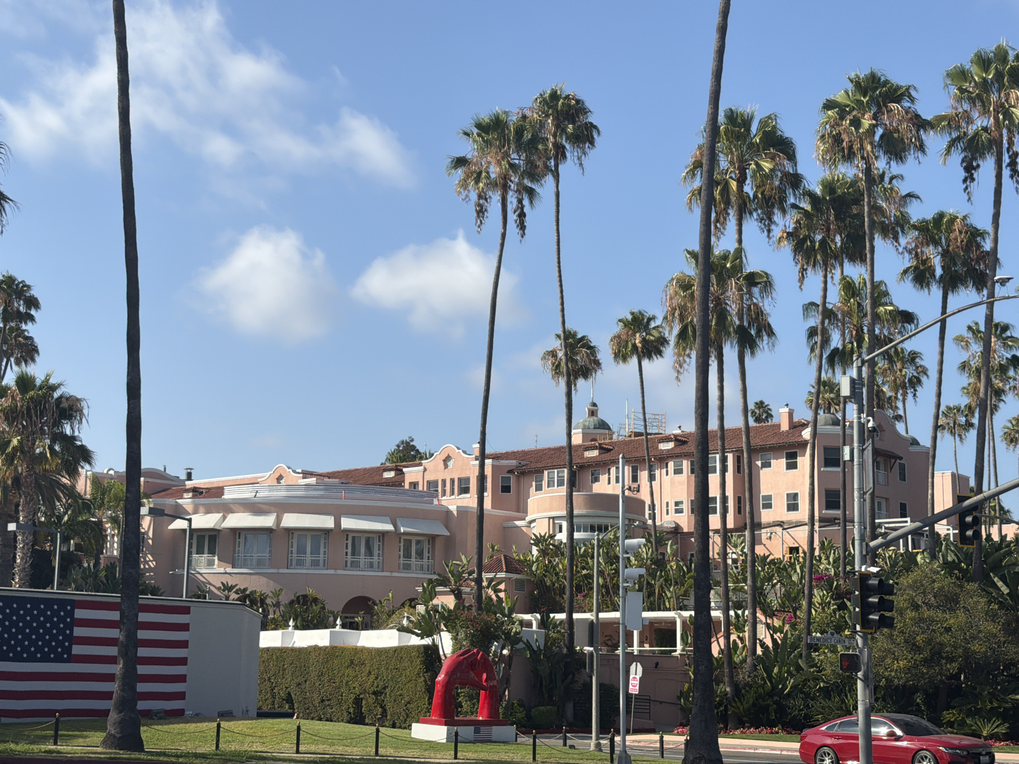 Beverly Hills Hotel's pink facade on Sunset Boulevard