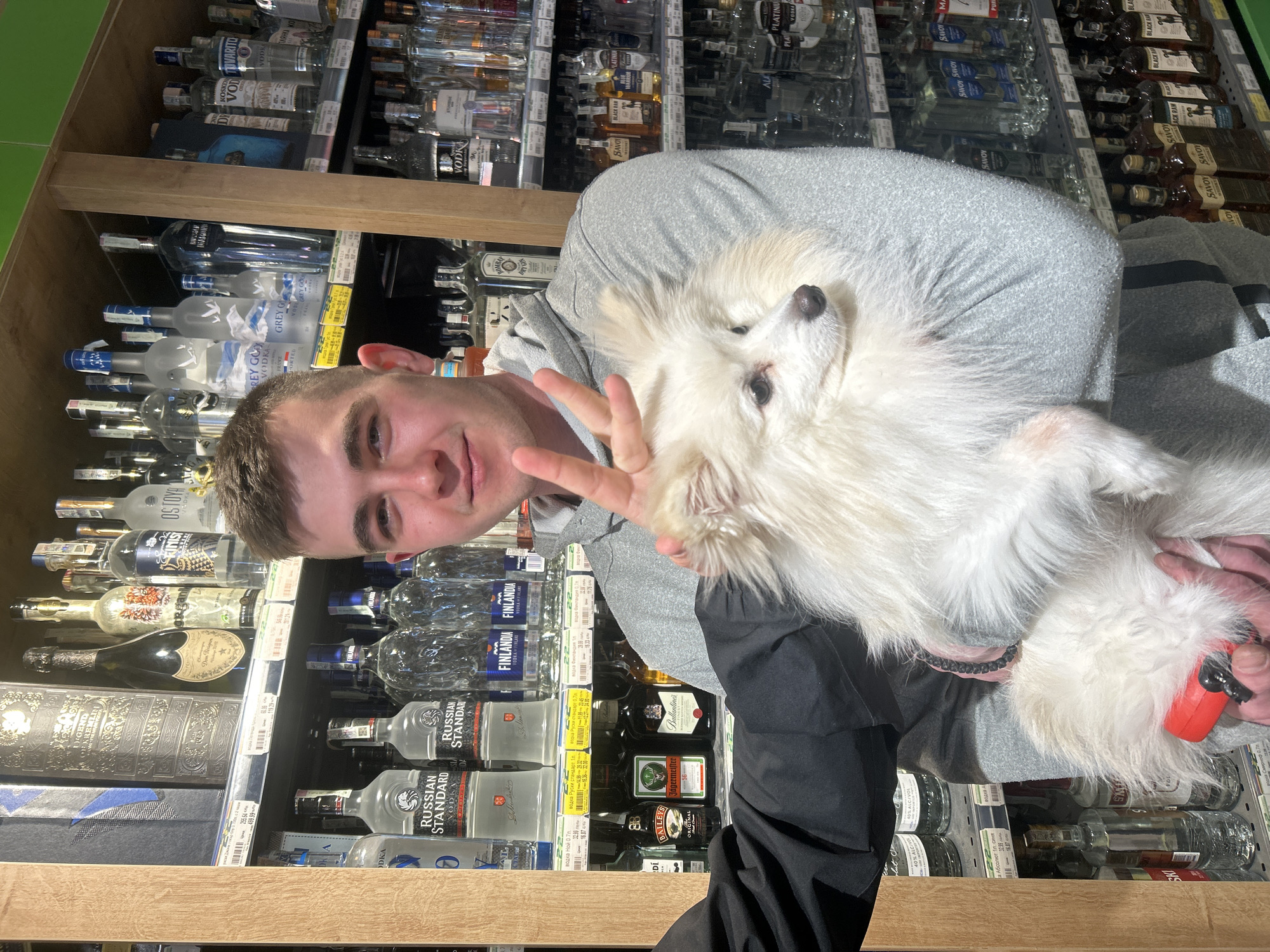 Man holds fluffy white dog in Bulgarian store alcohol aisle