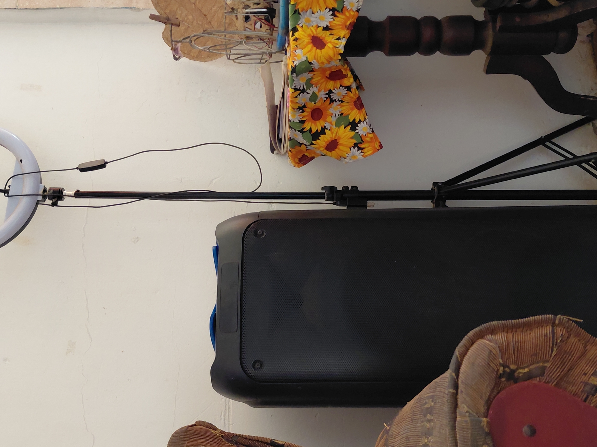 Person documented in indoor space with furniture, recording equipment