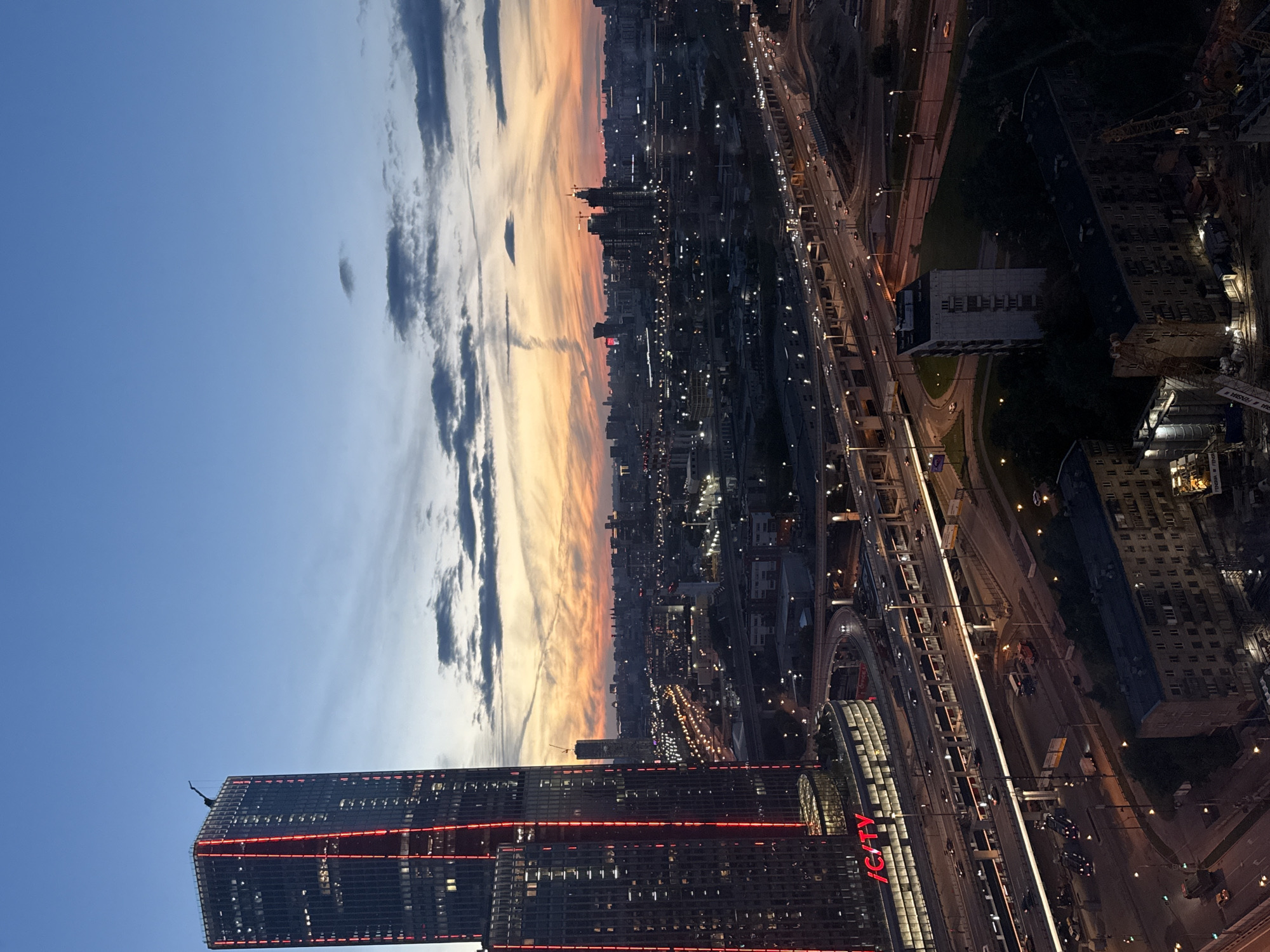Khimki at dusk, aerial views and city landmarks