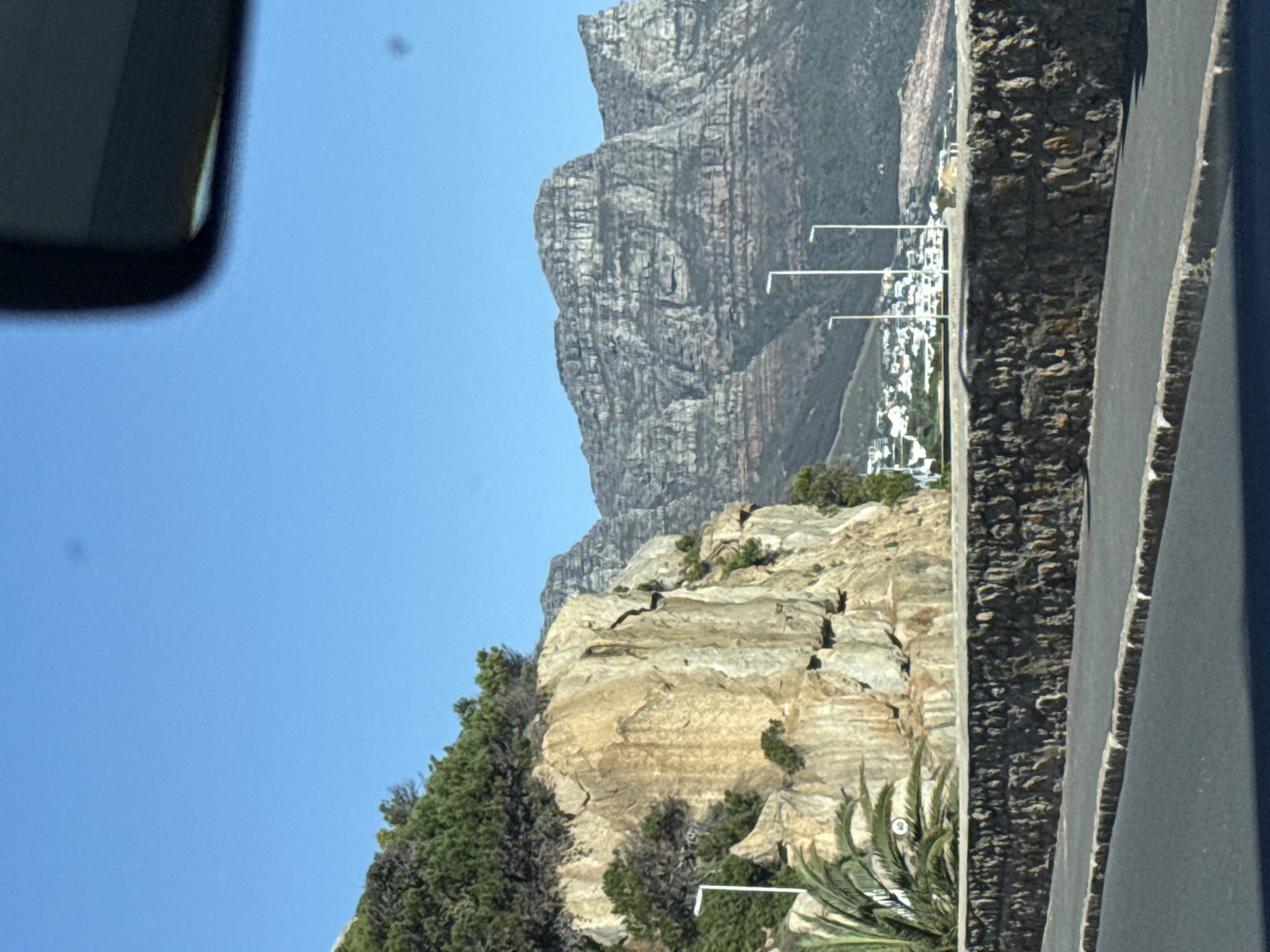 Table Mountain photographed from vehicle in Cape Town