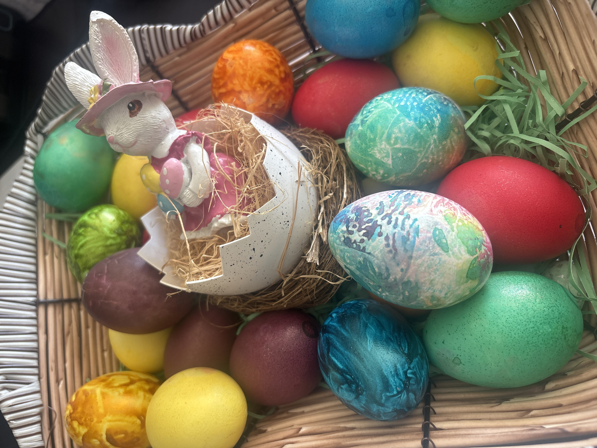 Easter basket with colored eggs spotted in Pomorie, Bulgaria