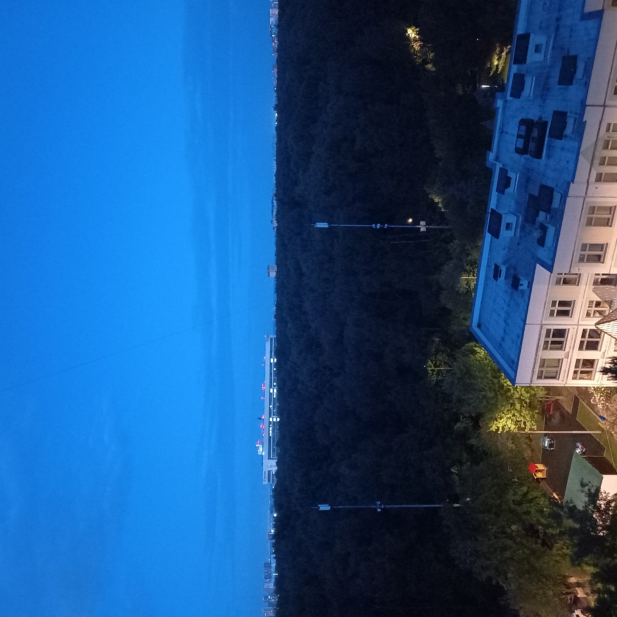 Dusk cityscape captured showing waterfront buildings and forest