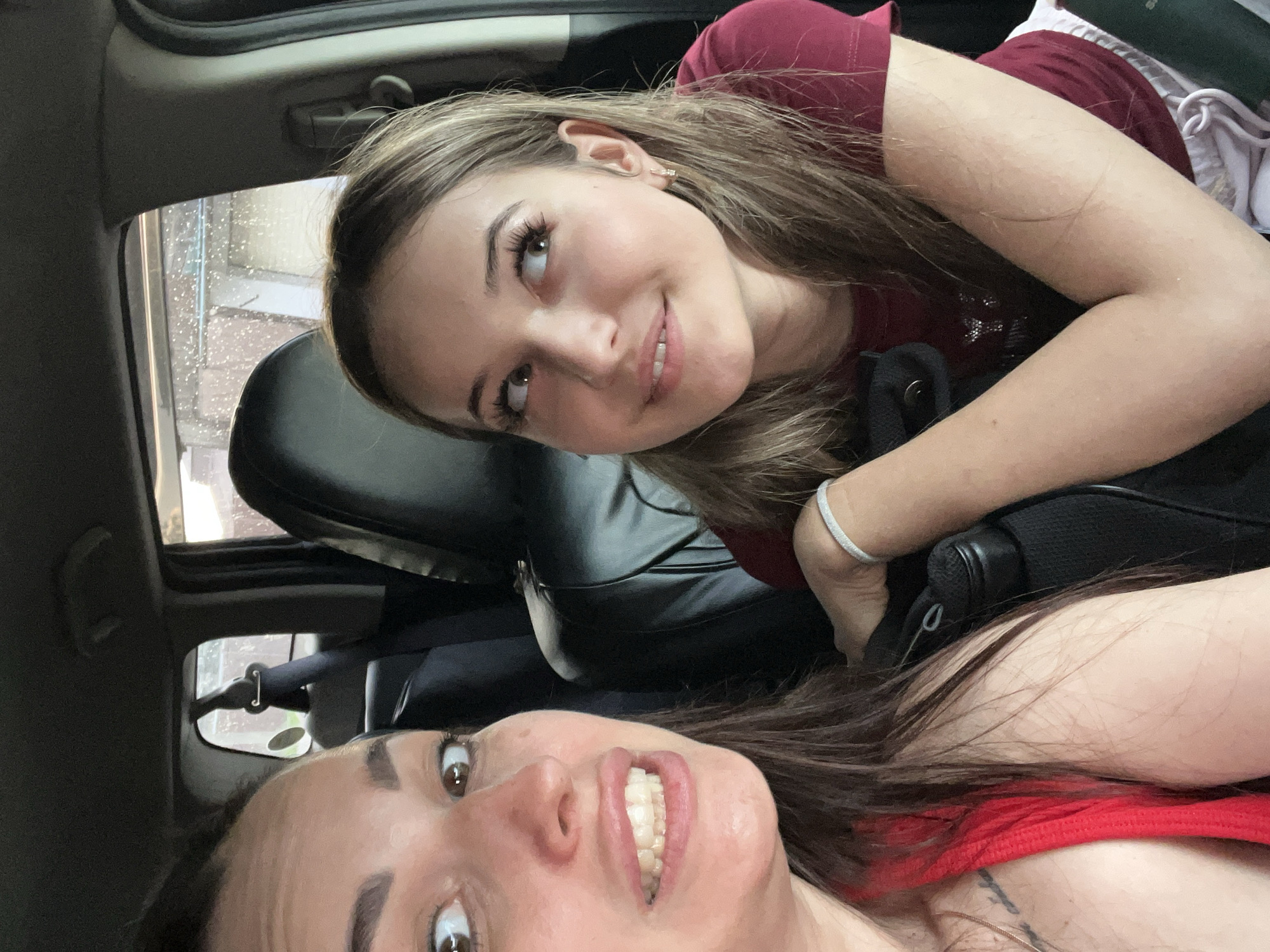 Car selfie session, two people, lots of poses