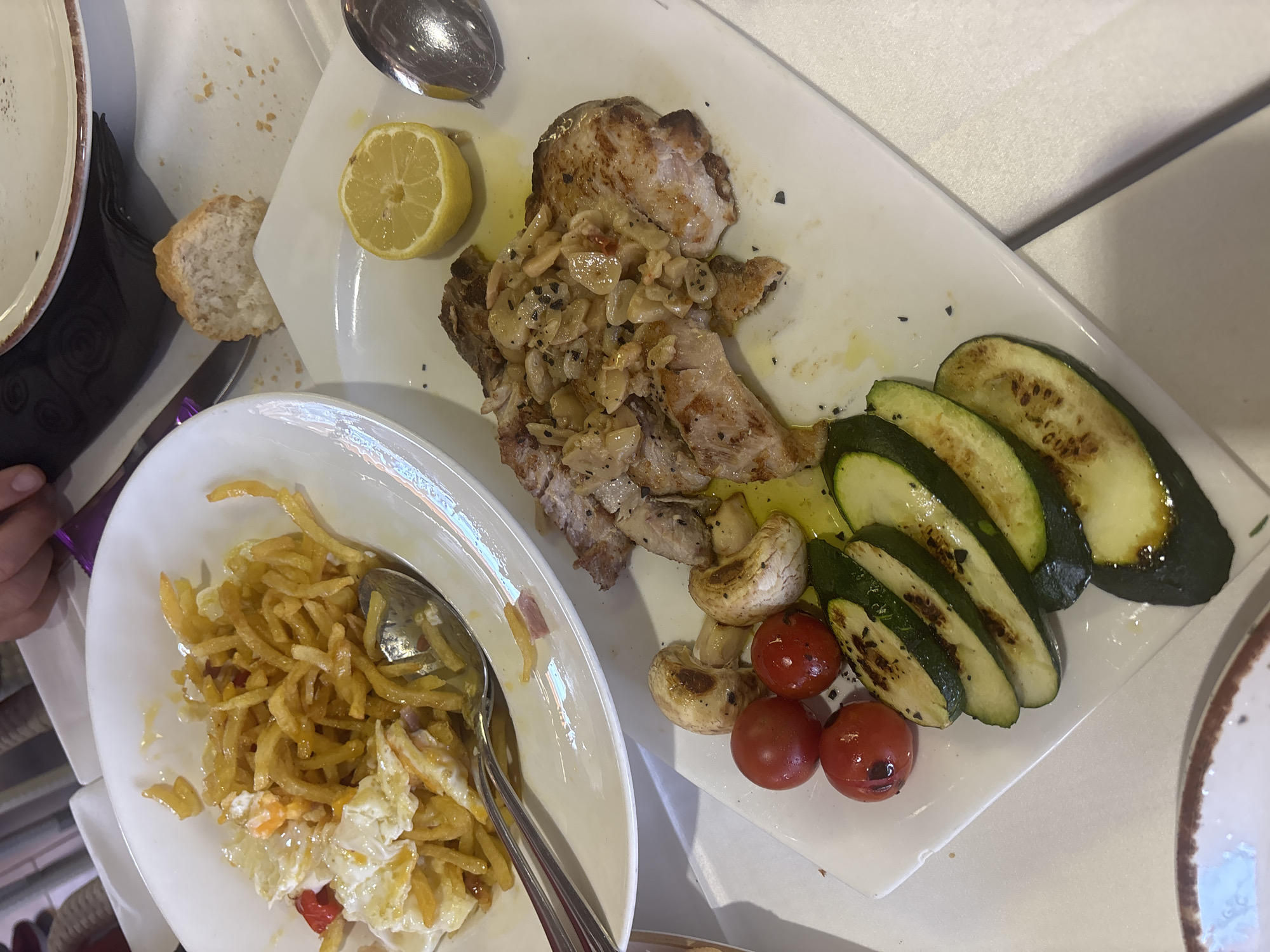 Full lunch spread at a Roquetas de Mar restaurant
