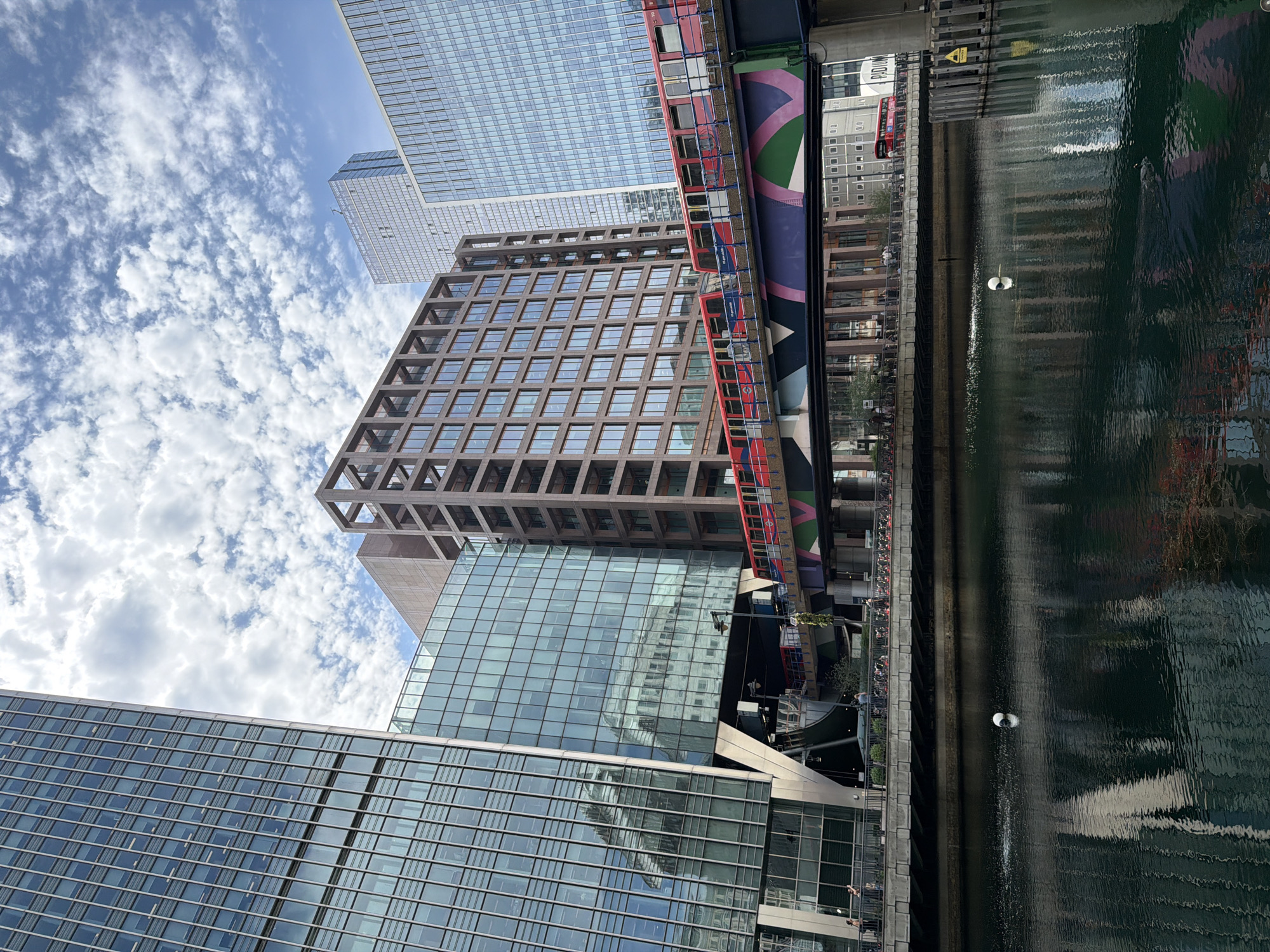 Canary Wharf dockside and station on a summer afternoon