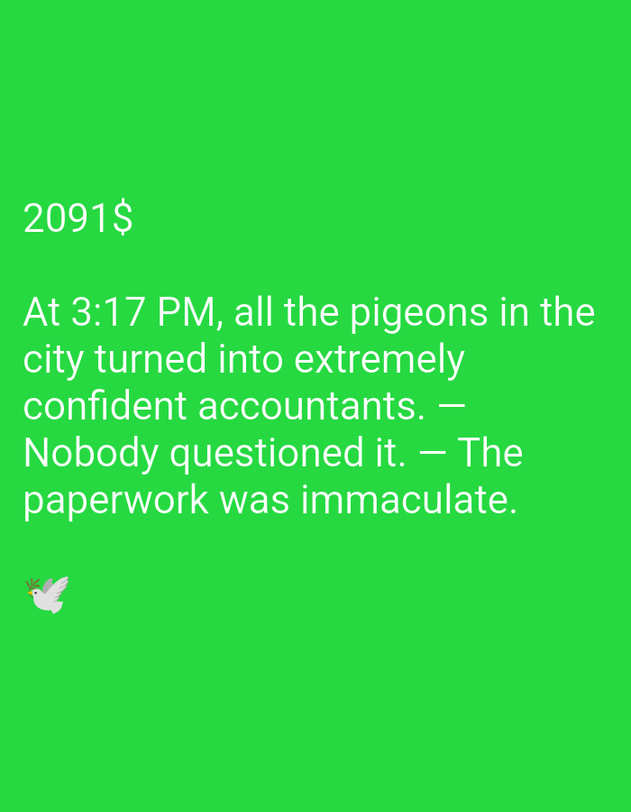 Numbered surreal micro-fictions on colorful graphic backgrounds