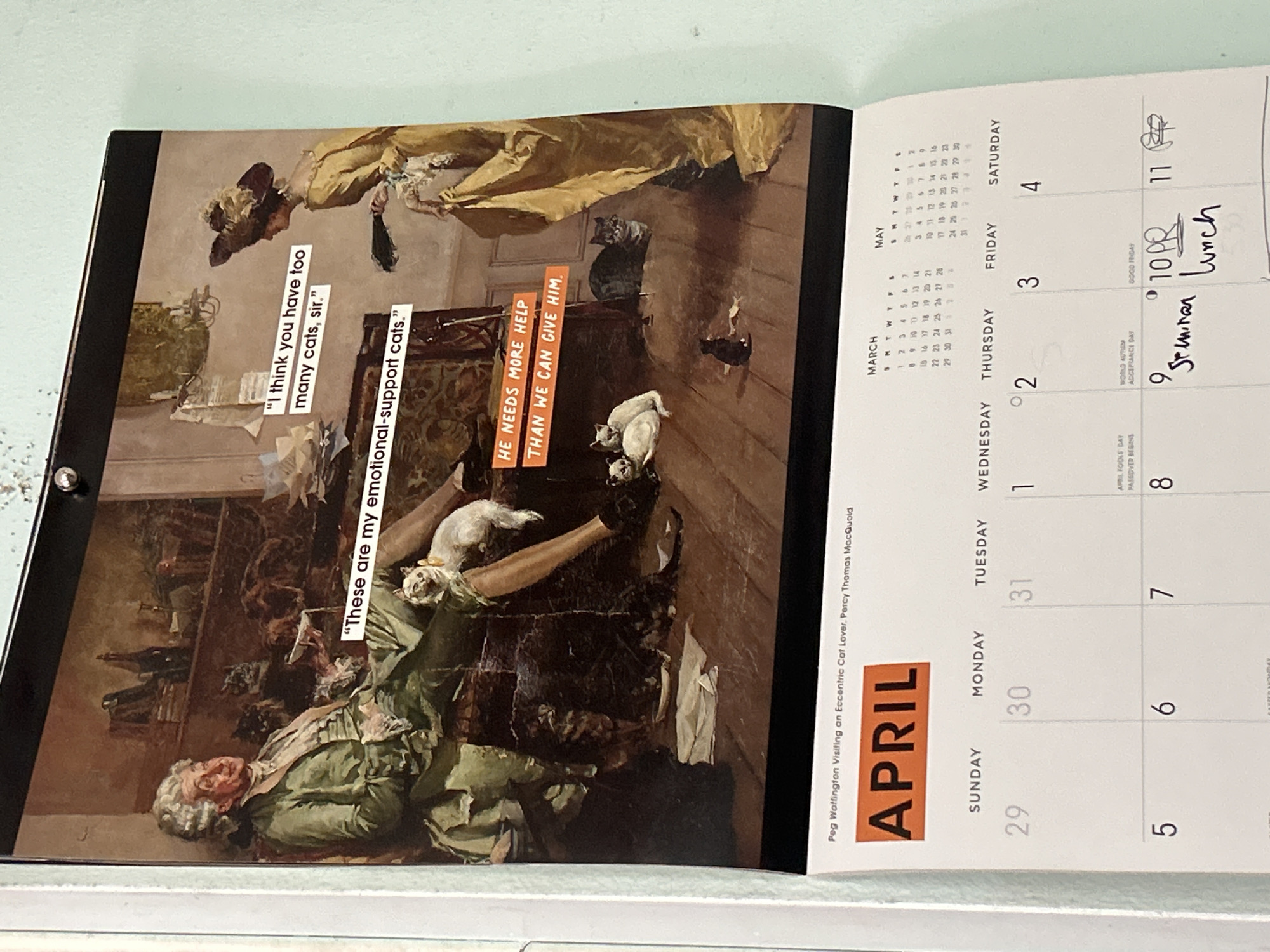 Open April calendar with classical painting observed in New York