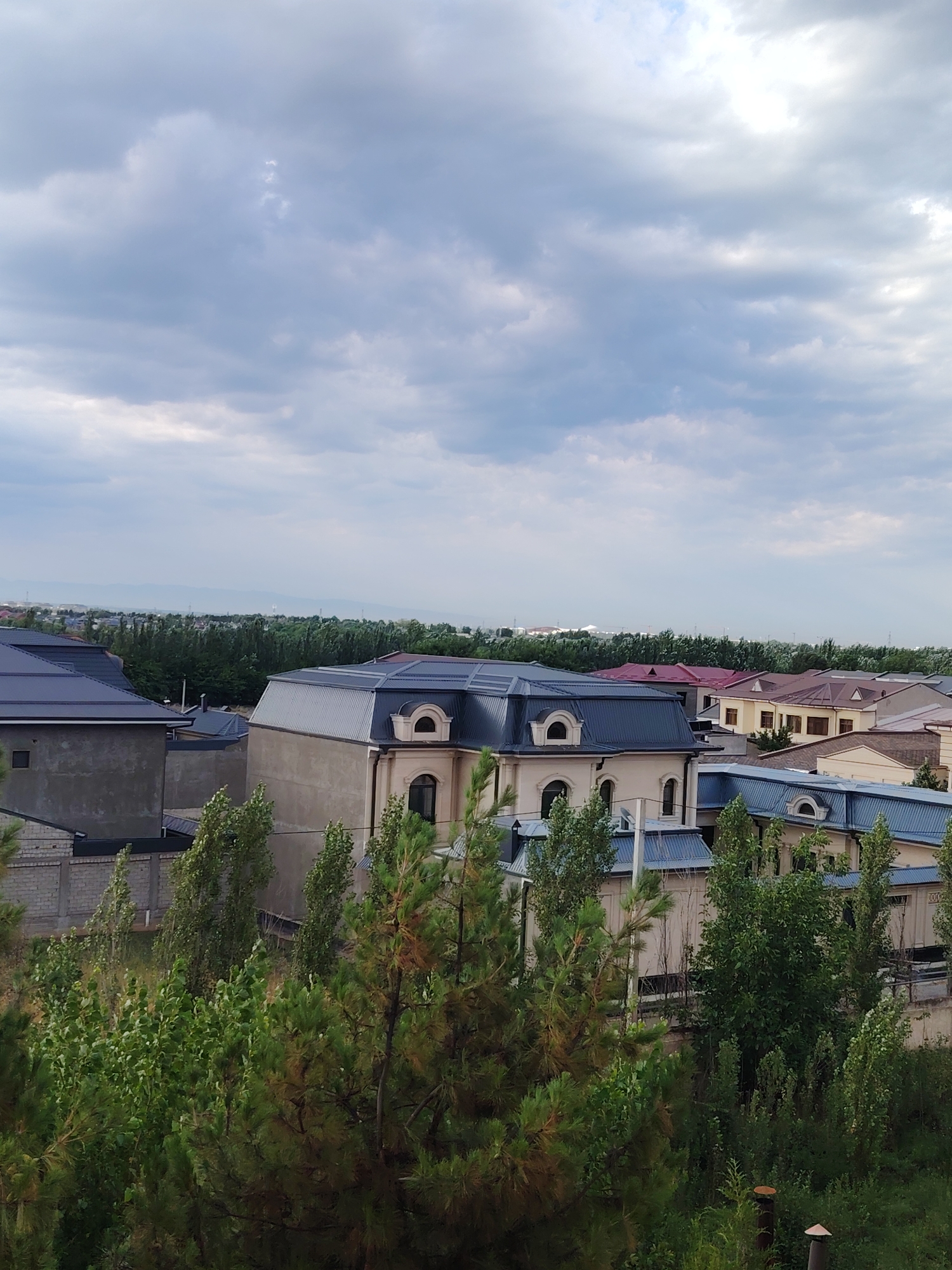 Cloudy day over tree-lined residential Argin, mountains in the background