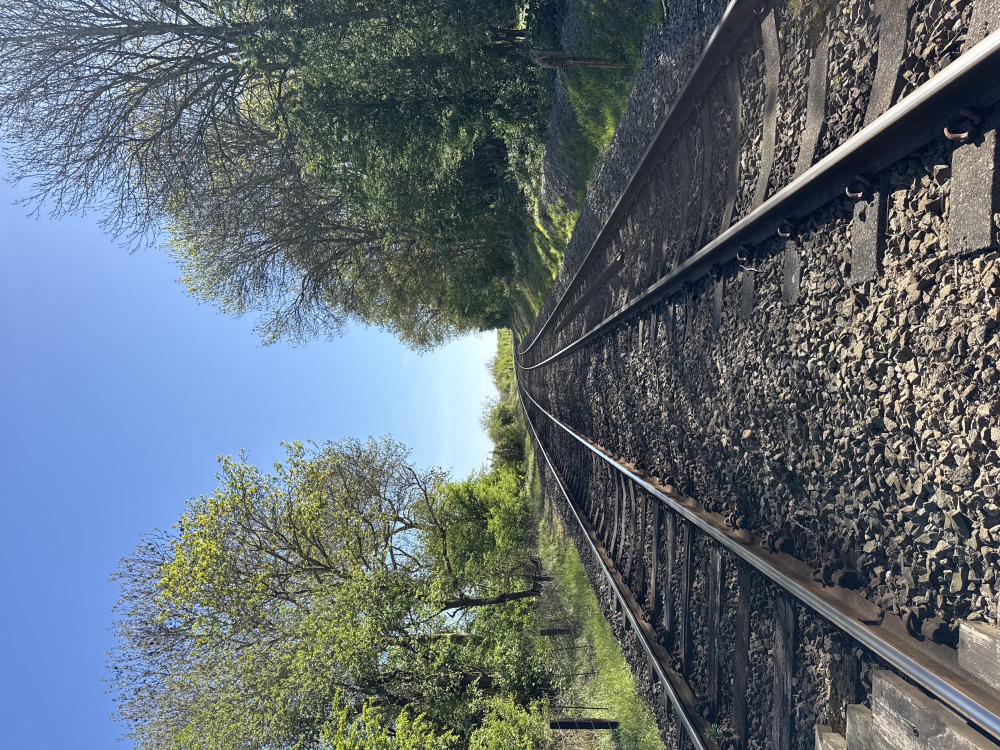 Railway track through green countryside observed in Easton