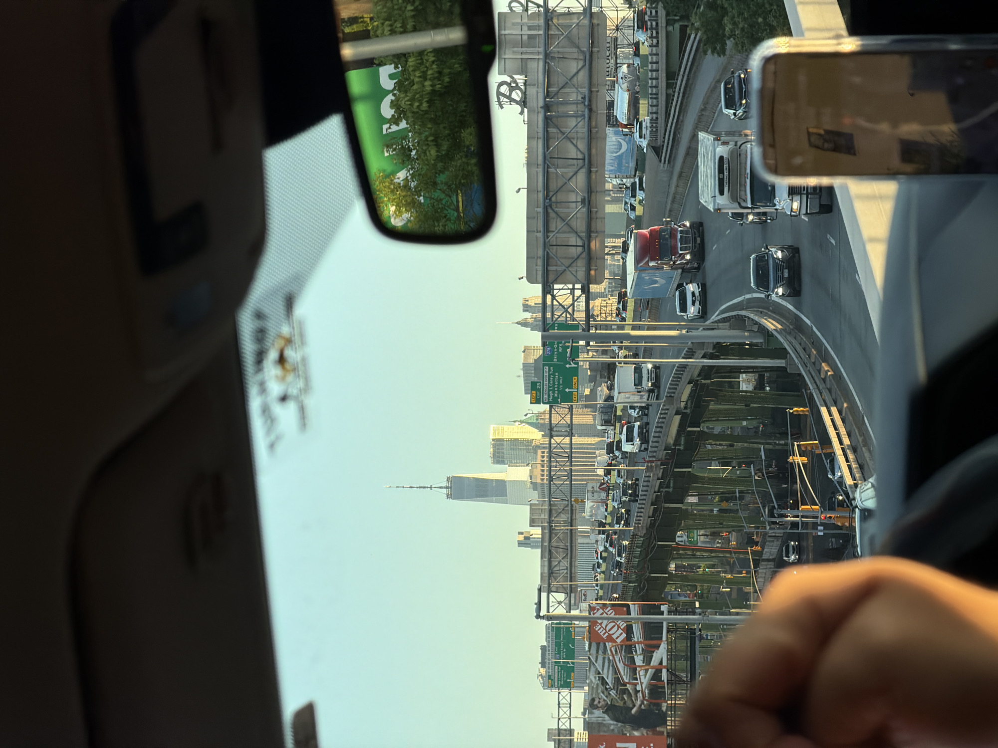 Driver spots One World Trade Center during NYC highway commute