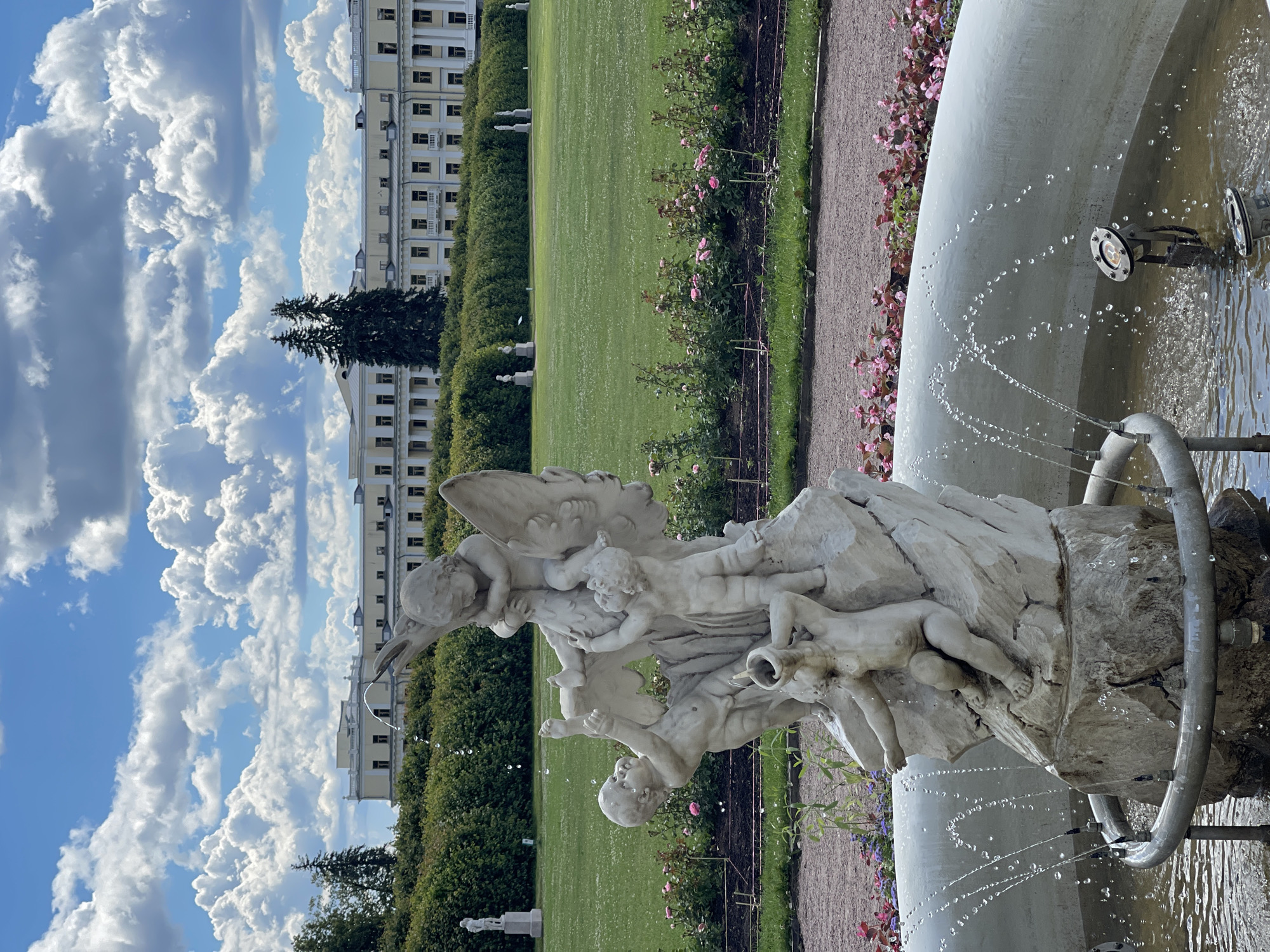 Morning stroll through a classical park full of marble statues