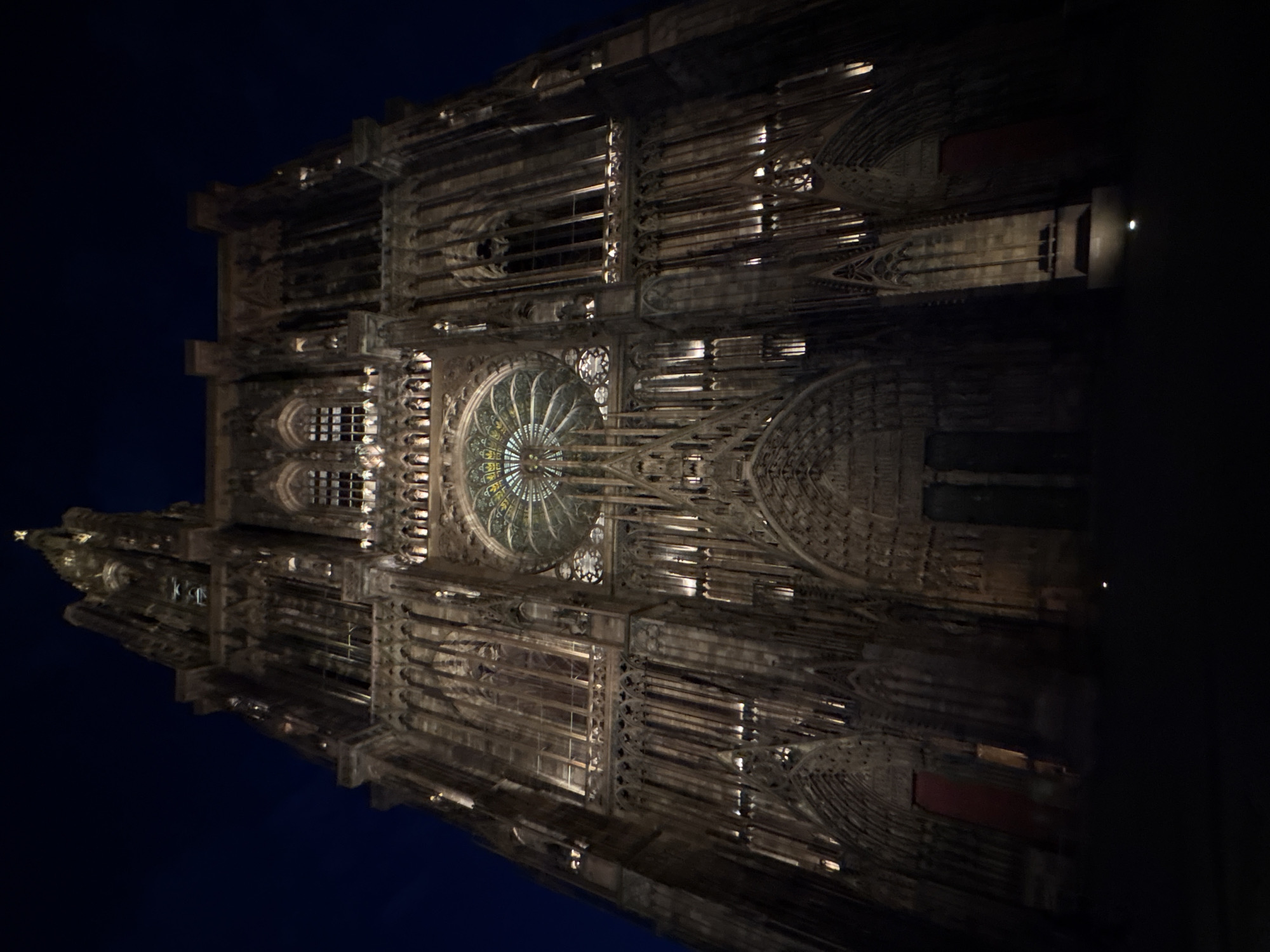 Nighttime gathering documented around illuminated Strasbourg Cathedral