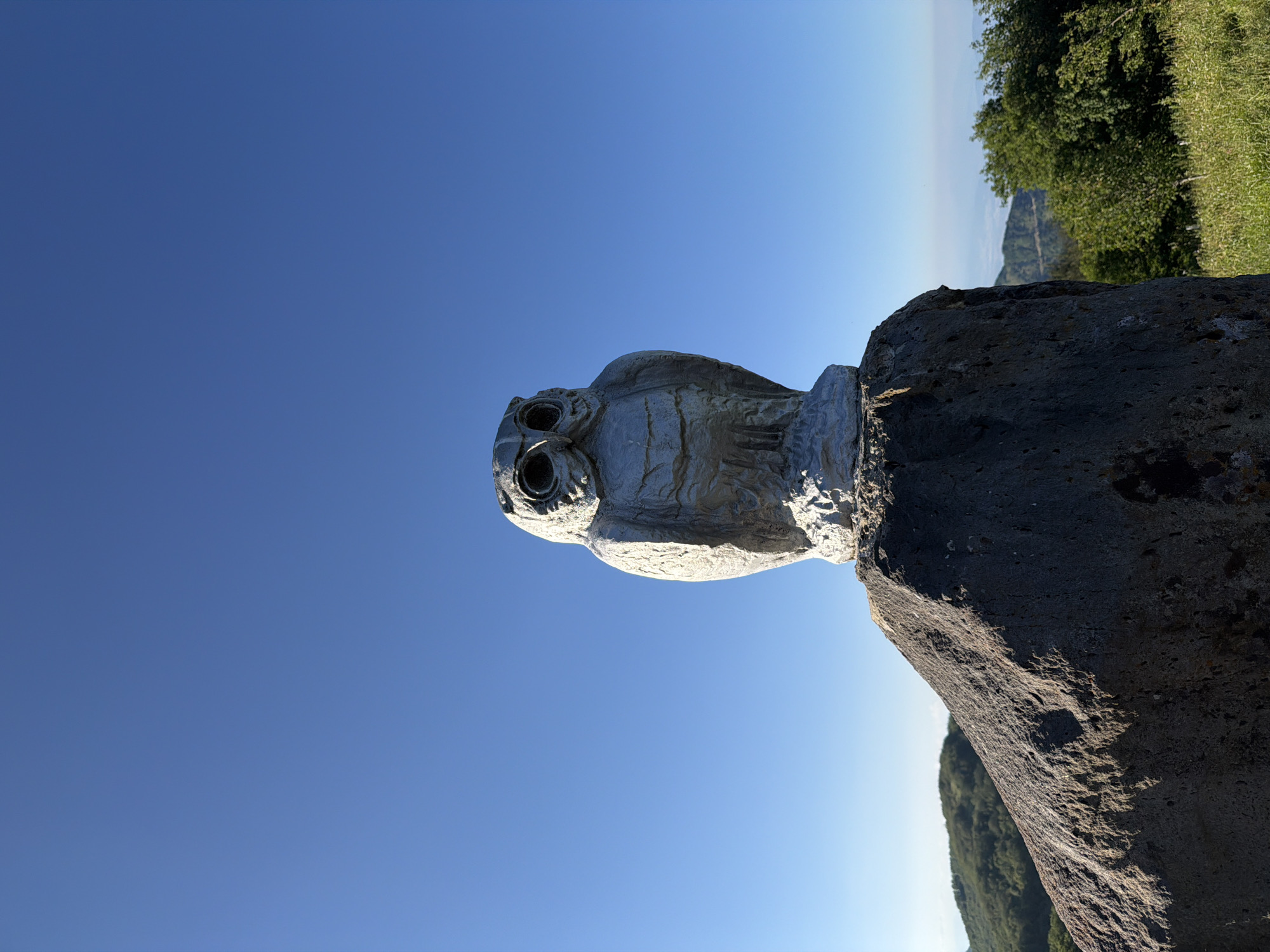 Ancient columns, stone owl, and metal swords at Georgian hilltop site