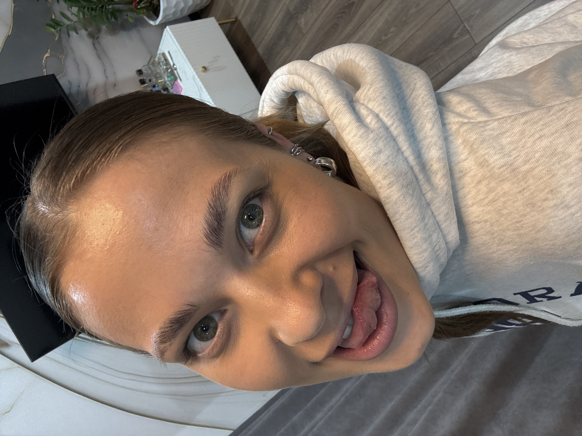 Woman takes playful selfies in Chernushka, Russia