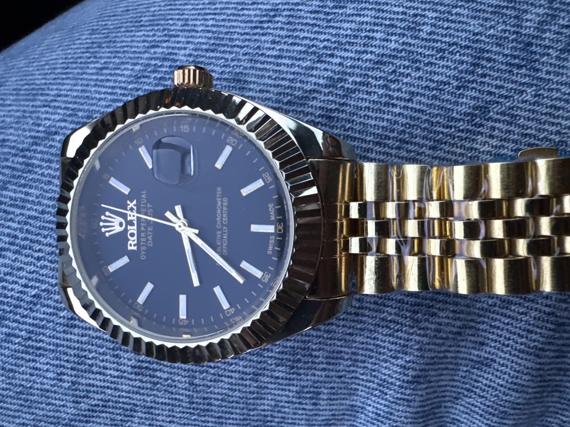 Rolex Datejust watch photographed on denim in Bulgaria