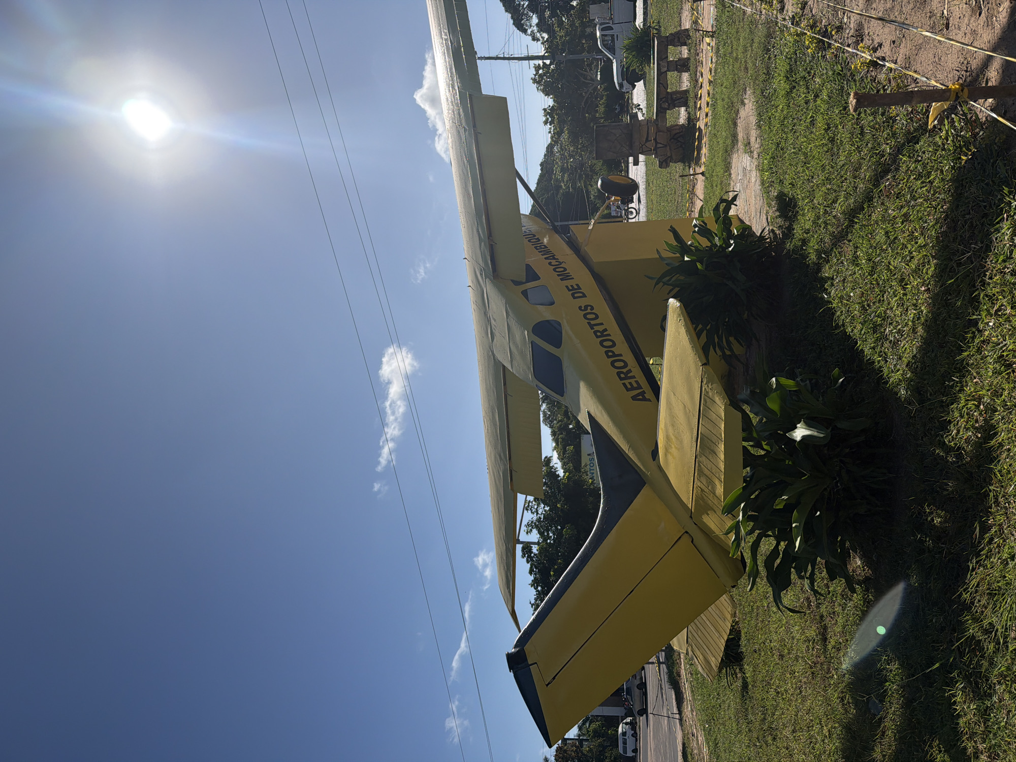 Yellow biplane display documented alongside food scenes during morning hours