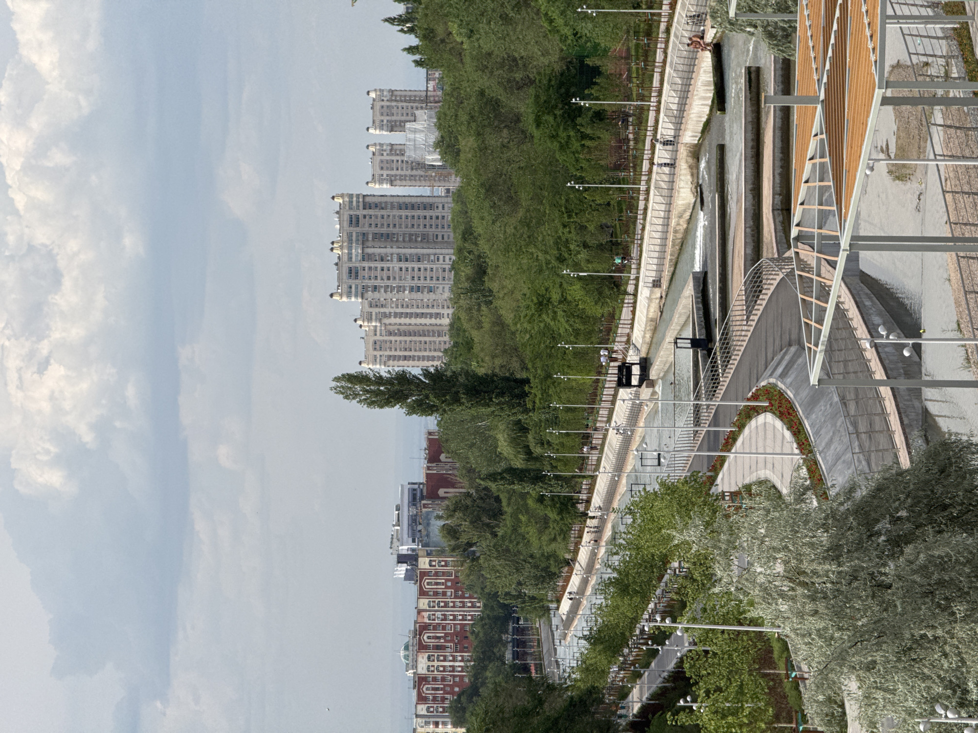 Almaty's renovated Small Almaty River canal and park on a cloudy day