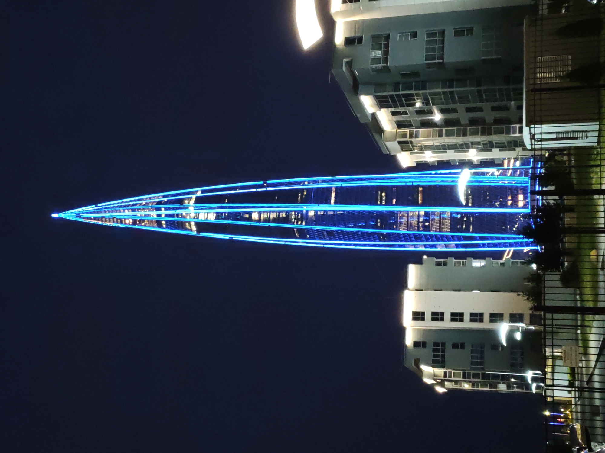 Lakhta Center lit up blue against the Saint Petersburg night