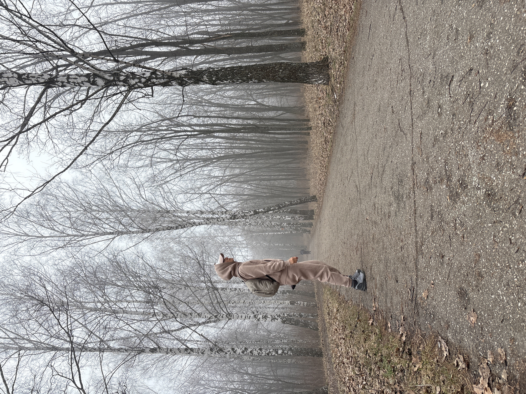 Morning walker navigates foggy park path in Ulyanovsk