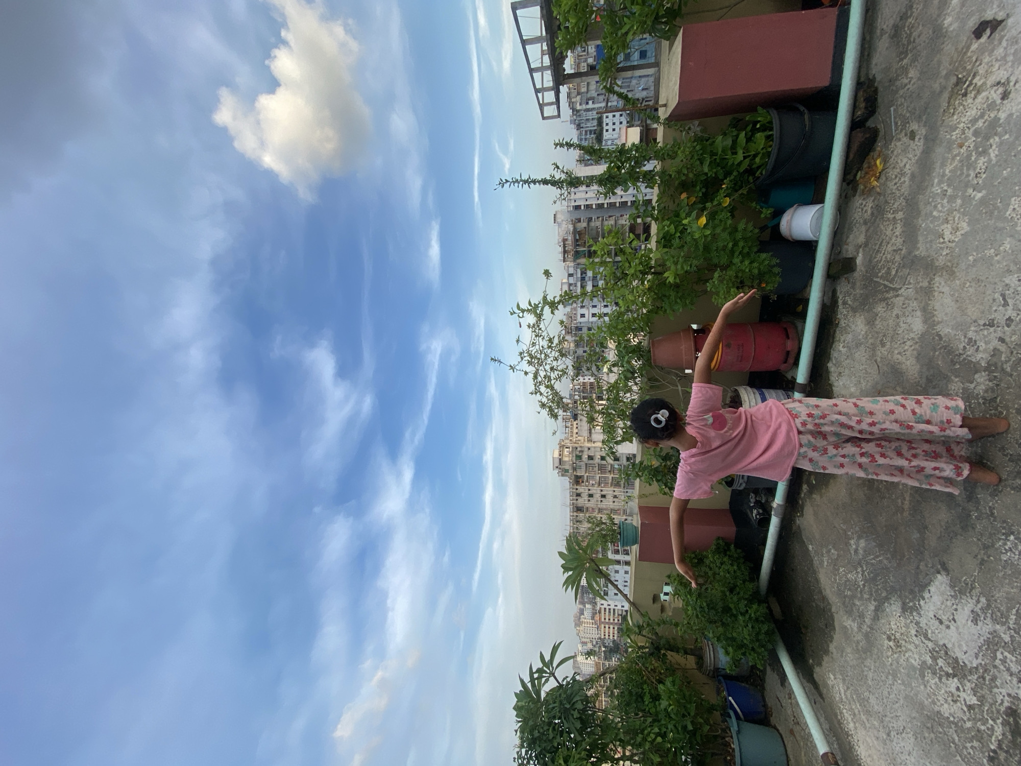 Rooftop afternoon in Dhaka with flowers, plants, and city views