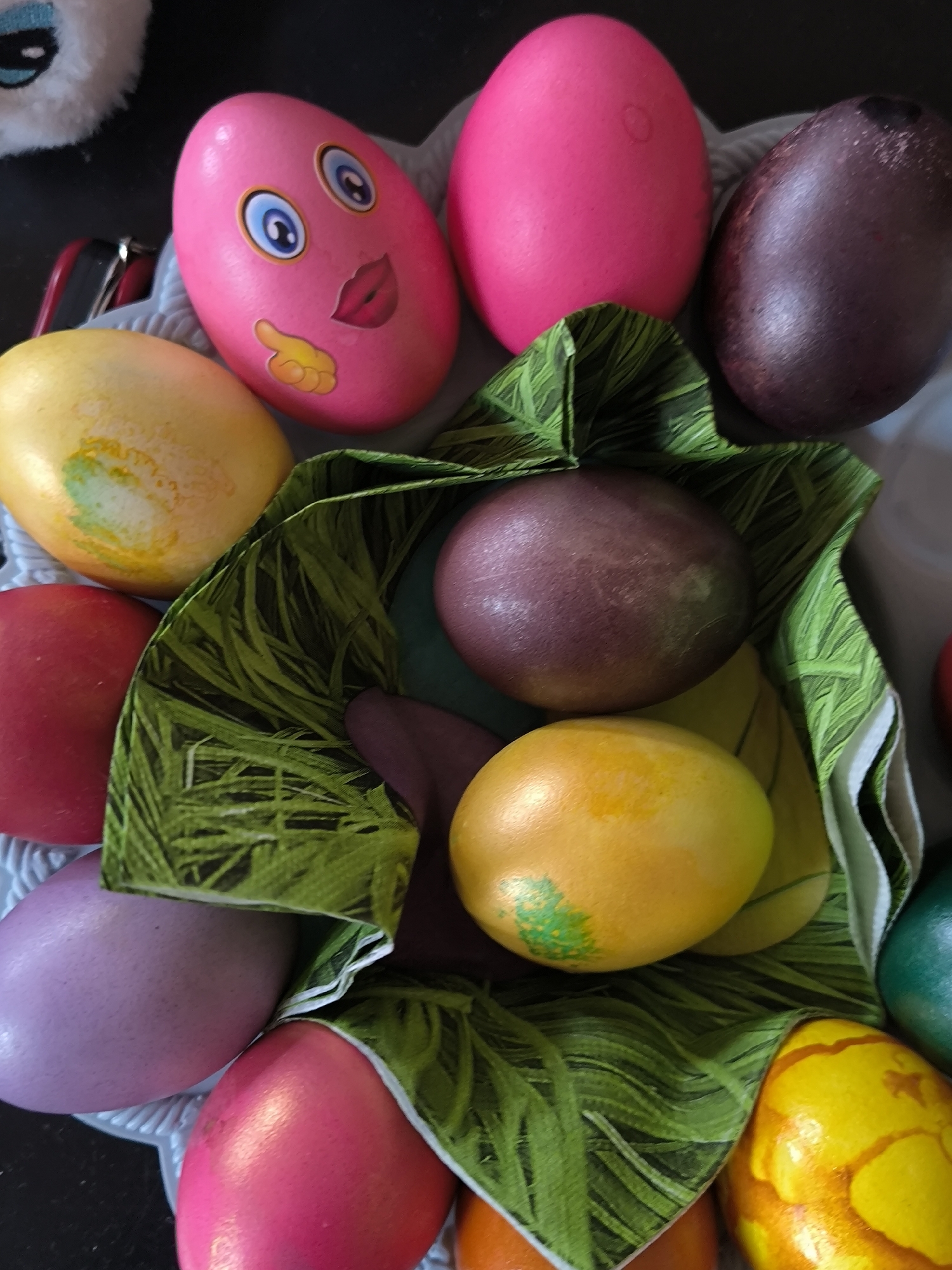 Colorful Easter eggs displayed in bowl in Sofia