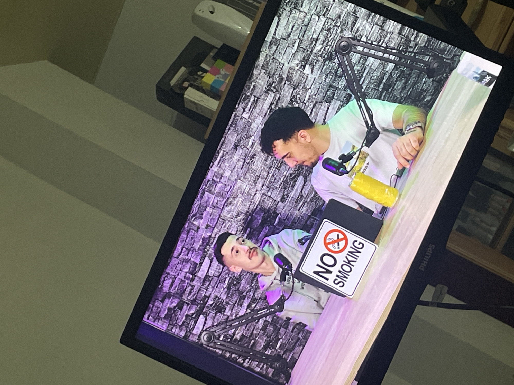 Podcast recording displayed on monitor in Chirpan, Bulgaria